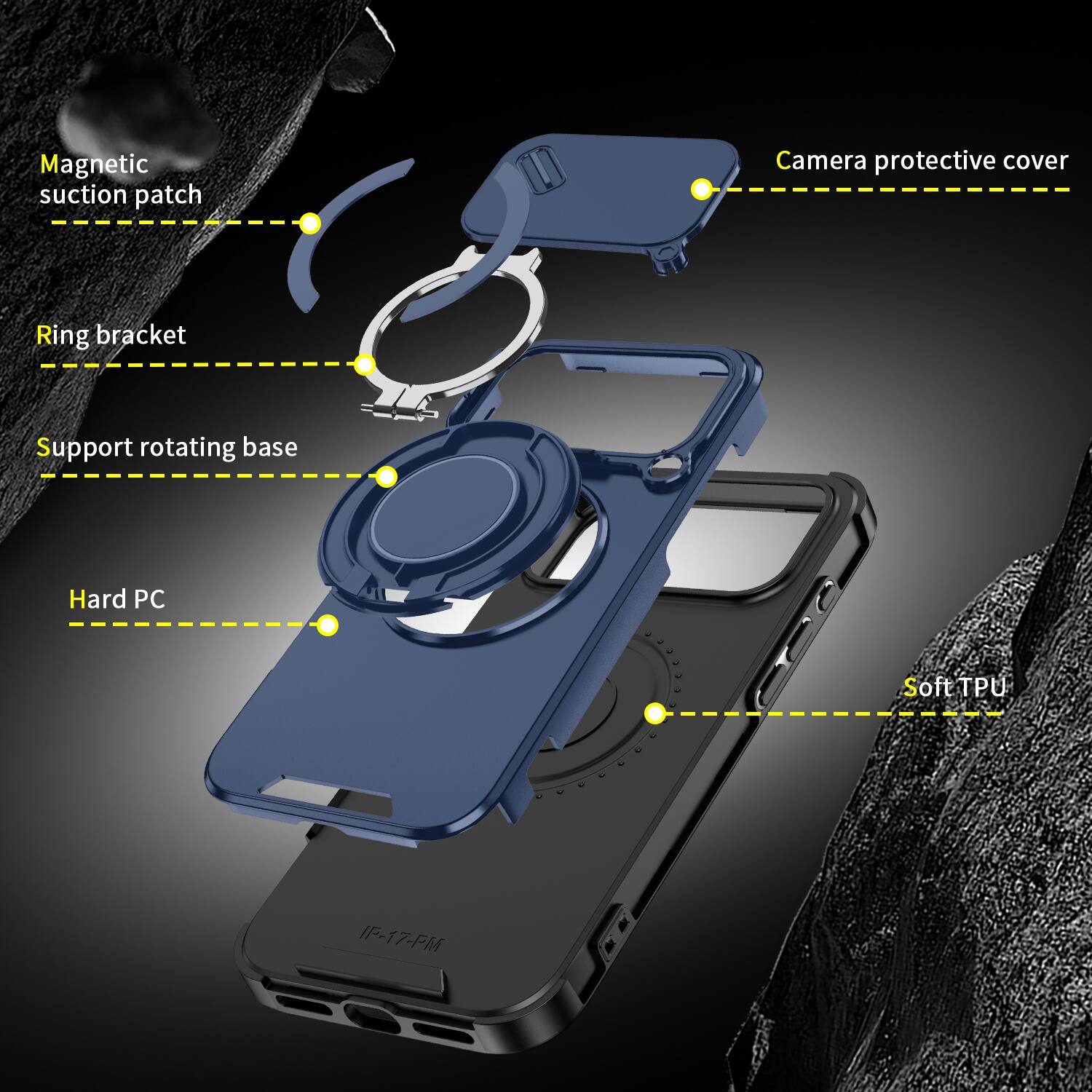 Magnetic suction patch  
Camera protective cover  
Ring bracket  
Support rotating base  
Hard PC  
Soft TPU  
IF-17-PM