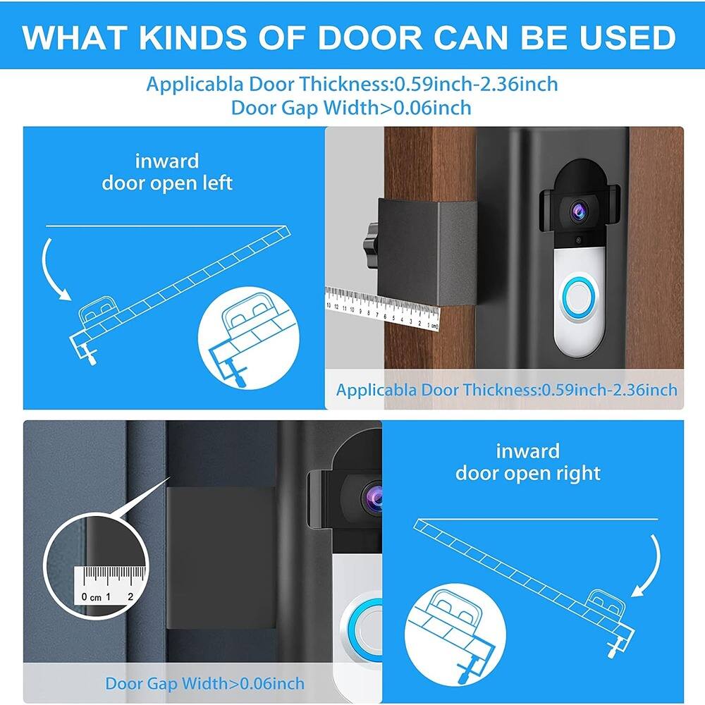 WHAT KINDS OF DOOR CAN BE USED

Applicable Door Thickness: 0.59 inch - 2.36 inch  
Door Gap Width > 0.06 inch

inward door open left

Applicable Door Thickness: 0.59 inch - 2.36 inch  
Door Gap Width > 0.06 inch

inward door open right
