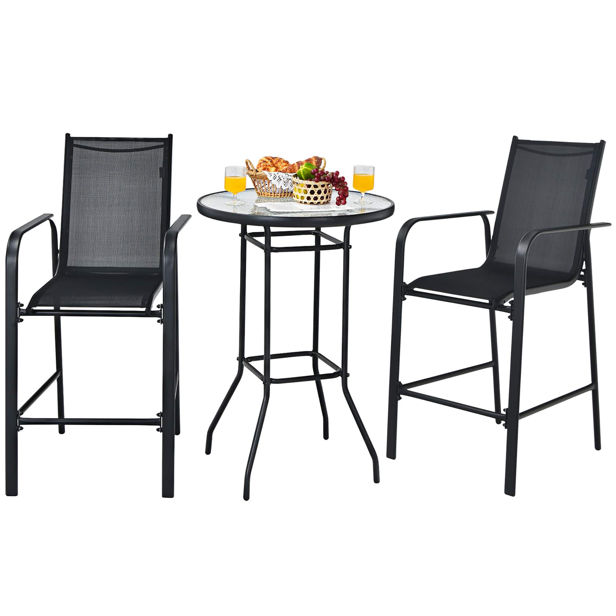 Costway - 3 PCS Outdoor Patio Bar Table Stool Set Height Tempered Glass Top - Black