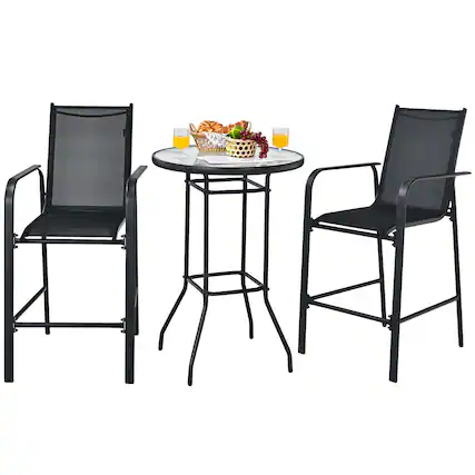 Front. Costway - Costway 3 PCS Outdoor Patio Bar Table Stool Set Height Tempered Glass Top - Black.