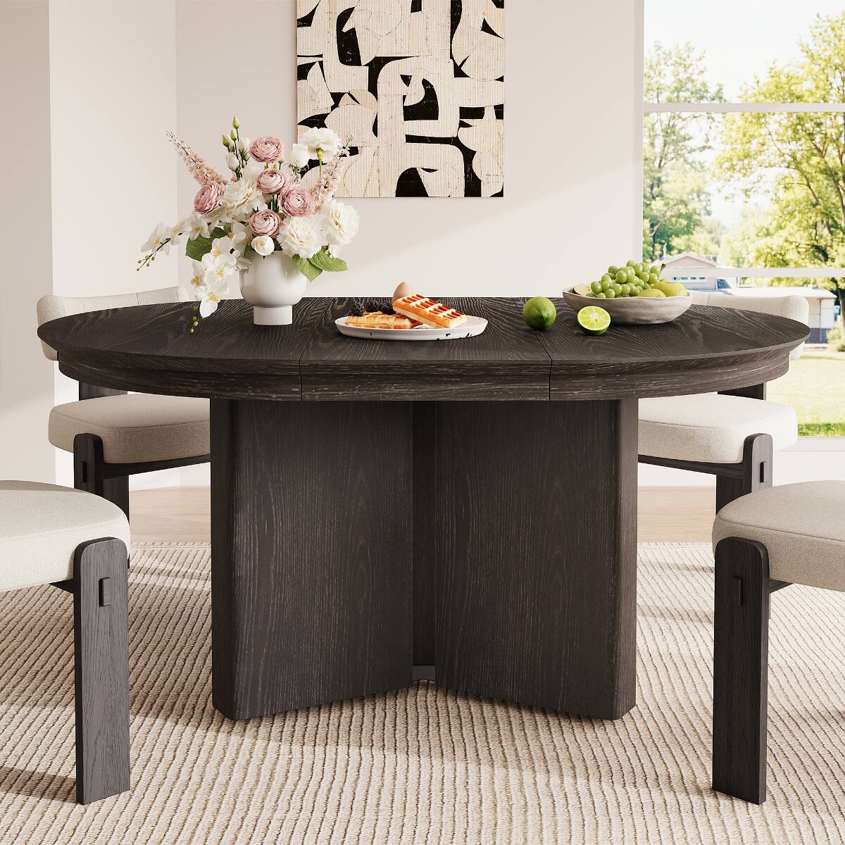 Alt View 2. Loheer - Loheer Extendable Oval Dining Table, Espresso Modern Farmhouse Table with Pedestal Base - Espresso.