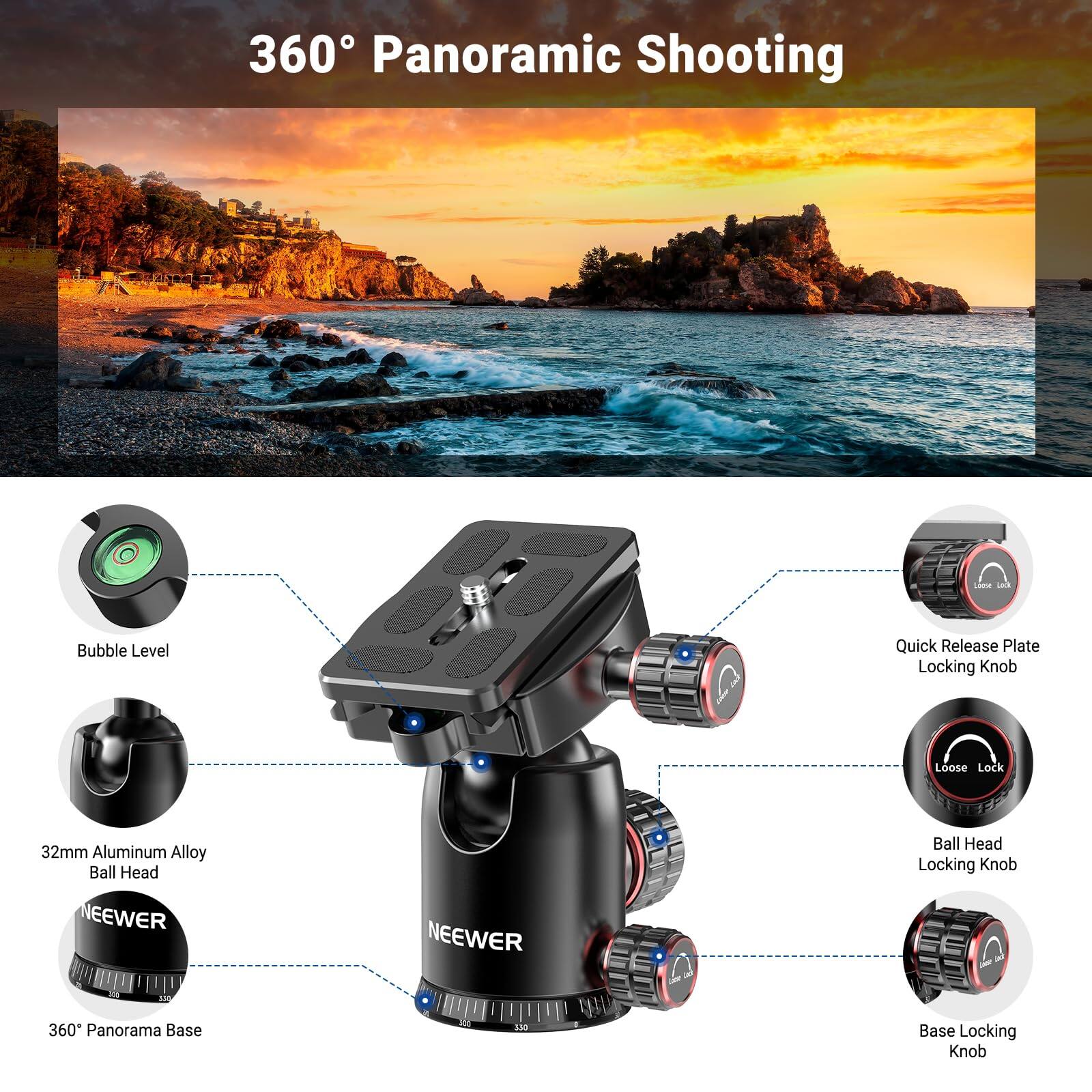 360° Panoramic Shooting

- Bubble Level
- 32mm Aluminum Alloy Ball Head
- 360° Panorama Base
- Quick Release Plate Locking Knob
- Ball Head Locking Knob
- Base Locking Knob
- Loose Lock