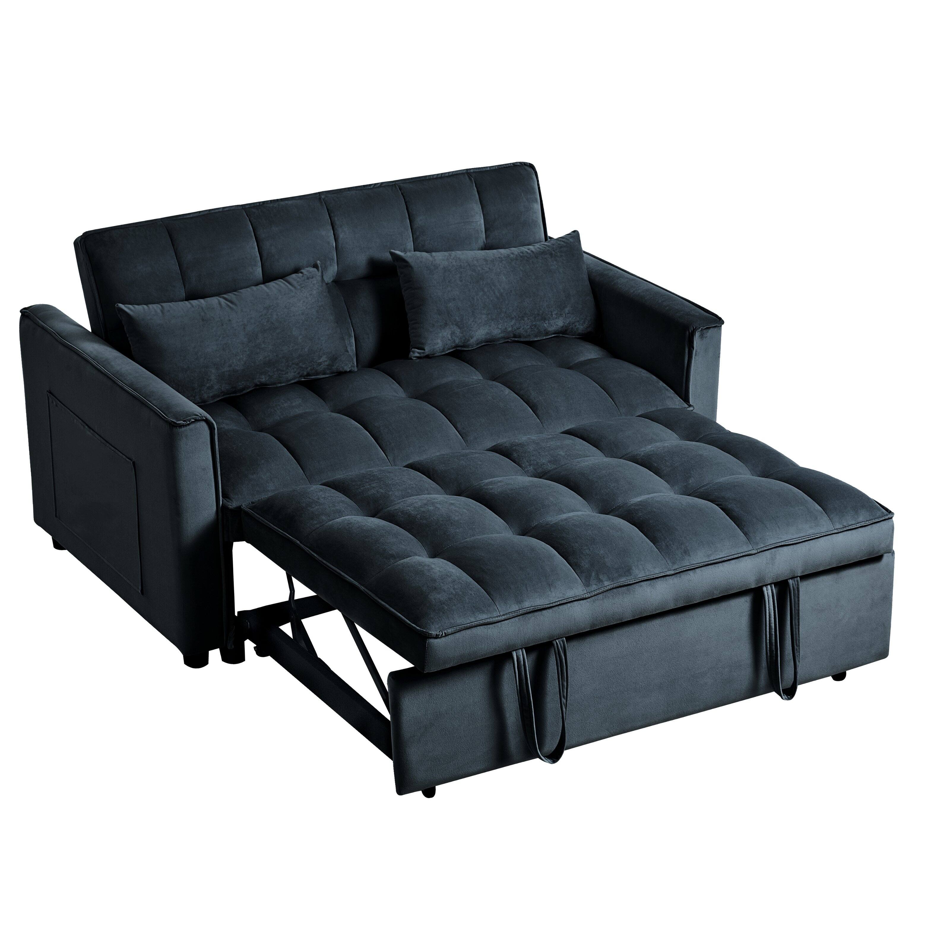 Alt View 4. Tiramisubest - 3 in 1 Velvet Loveseat Futon Sofa Bed with Adjustable Backrest,Pillows & Pockets for Living Room,Apartment,Black - Black.