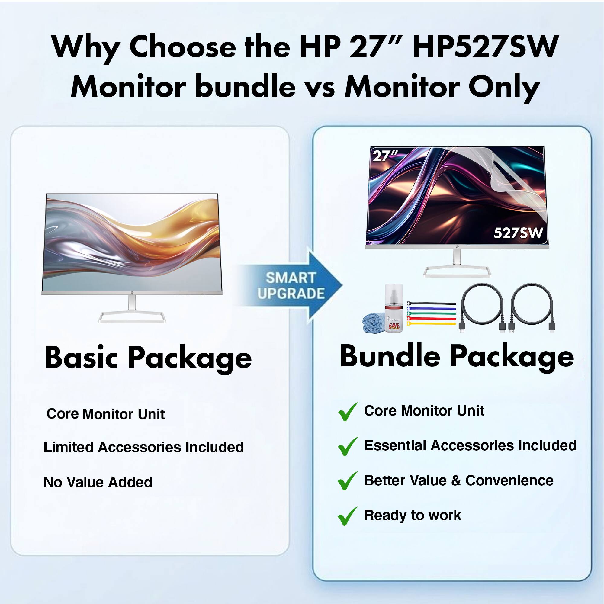 Why Choose the HP 27" HP527SW Monitor Bundle vs Monitor Only

SMART UPGRADE

Basic Package
- Core Monitor Unit
- Limited Accessories Included
- No Value Added

Bundle Package
- Core Monitor Unit
- Essential Accessories Included
- Better Value & Convenience
- Ready to work
