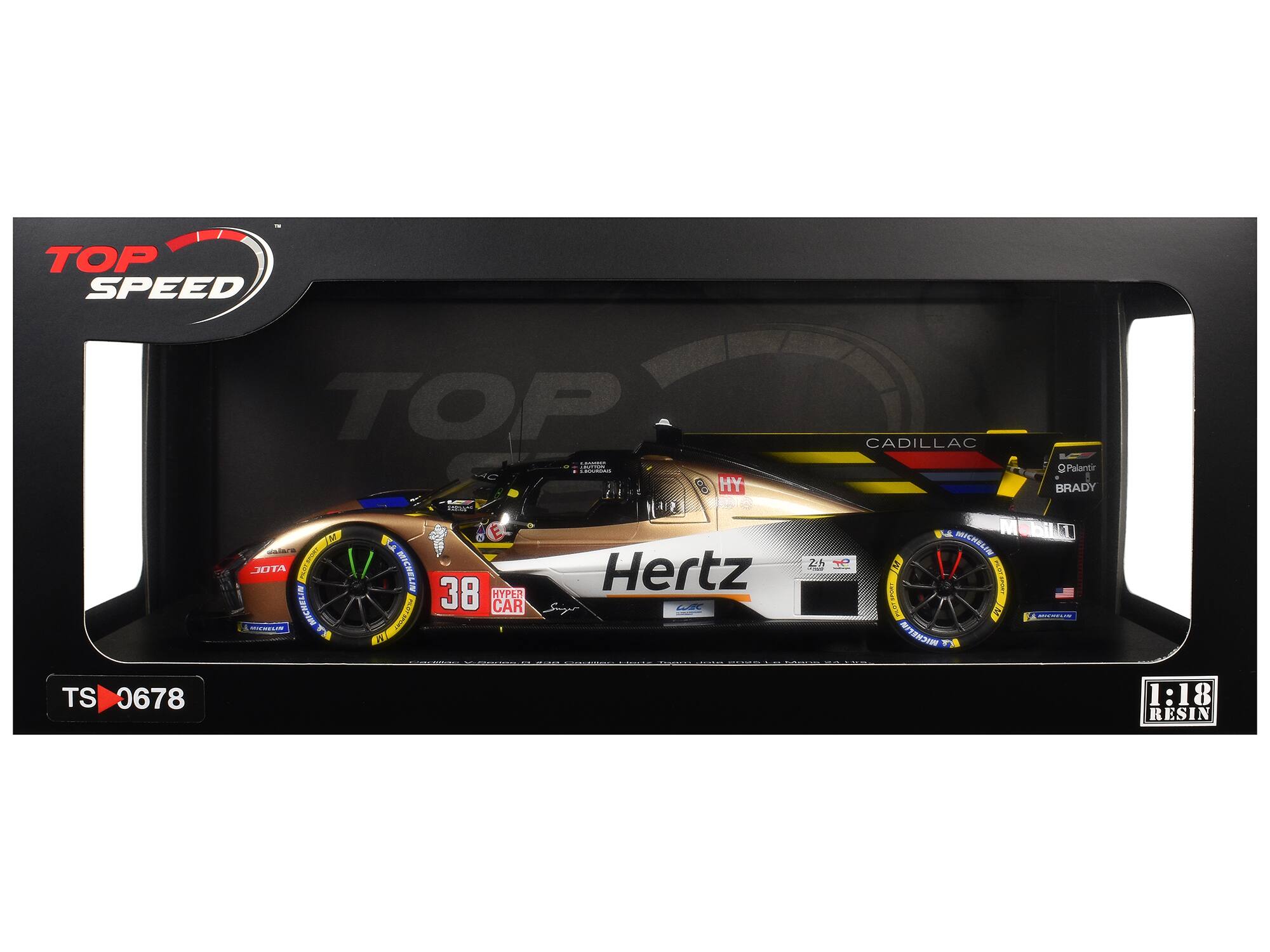 TOP SPEED  
TOP die NC: MY ns o - A JOTA PLOTEPOES MICHELIN  
Hertz MICHELIN  
38 CAR HYPER Sur F - B N I CADILLAC  
MICHELIN 21h: M I ! TA BICHEEVA Palantr - BRADY  
TS 0678 TS 1:18 RESIN