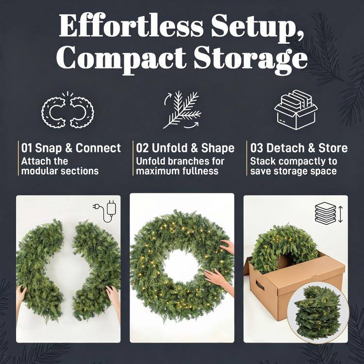 Effortless Setup, Compact Storage

01 Snap & Connect
Attach the modular sections

02 Unfold & Shape
Unfold branches for maximum fullness

03 Detach & Store
Stack compactly to save storage space