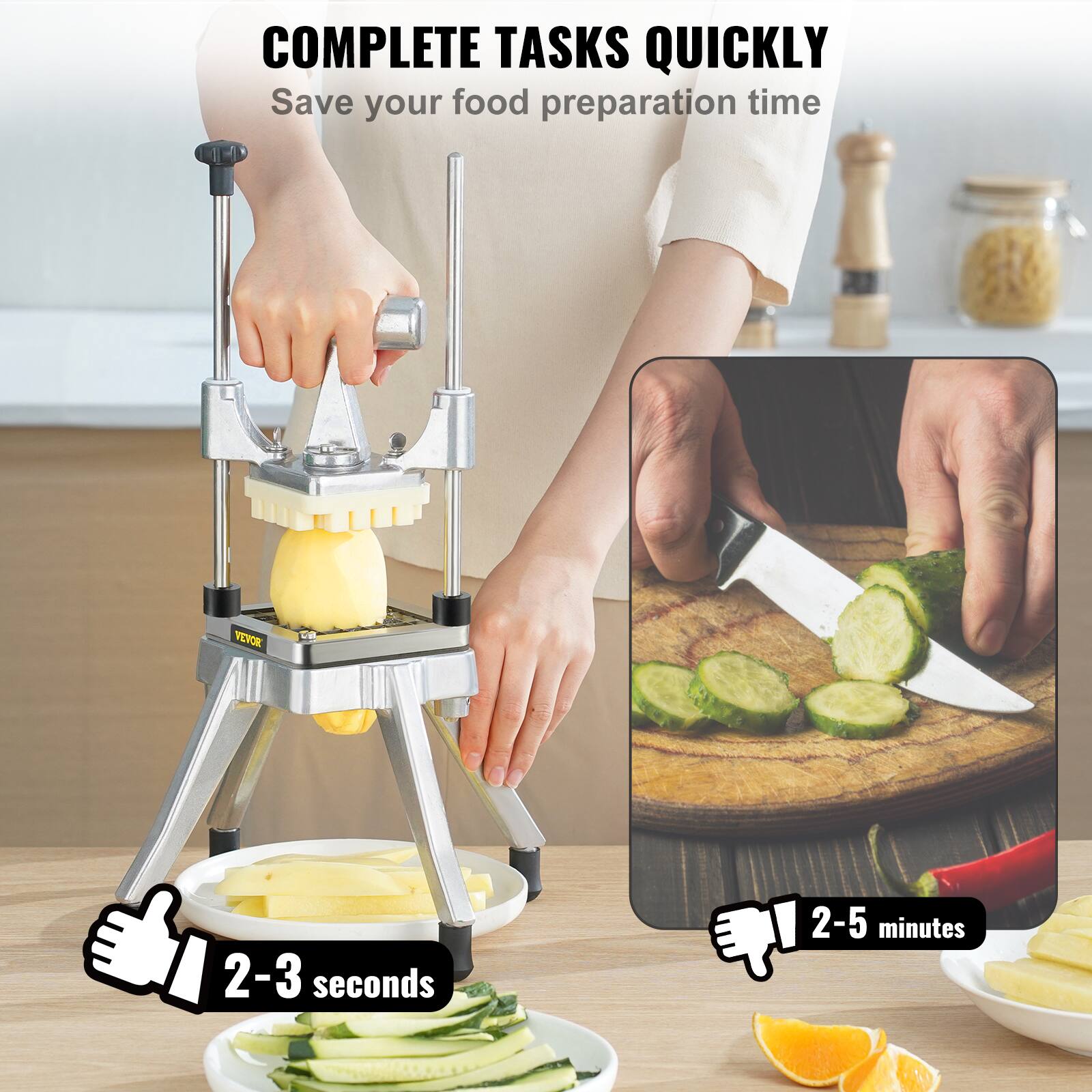 COMPLETE TASKS QUICKLY Save your food preparation time VEVOR 2-3 seconds 2-5 minutes