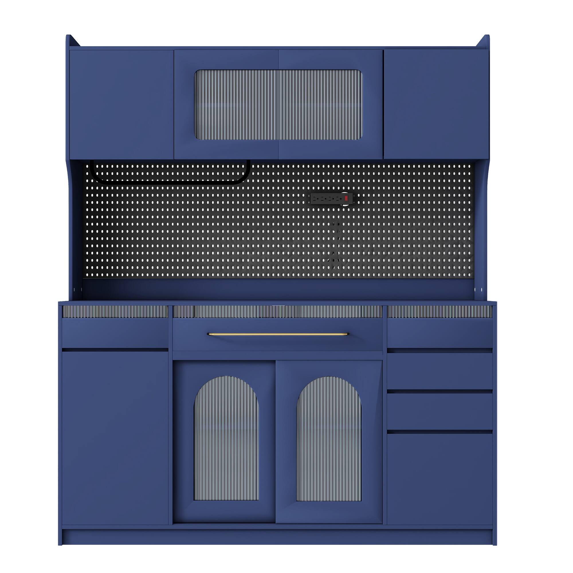 Back. Whisen - 63" W Kitchen Buffet with Hutch, Storage Cabinet with Power Outlet, Drawers & Glass Doors for Dining - Blue.