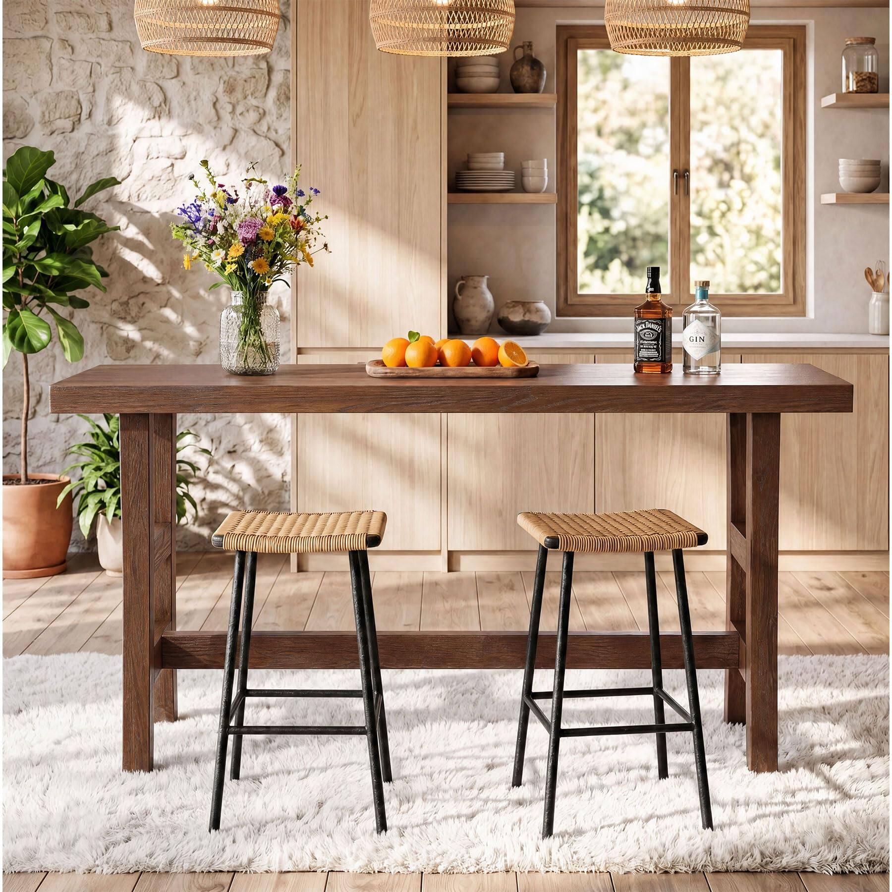 Back. Tribesigns - 63-Inch Solid Fir Wood Counter-Height Bar Table with Curved Legs and Footrest for Kitchen or Bistro - Dark Walnut.