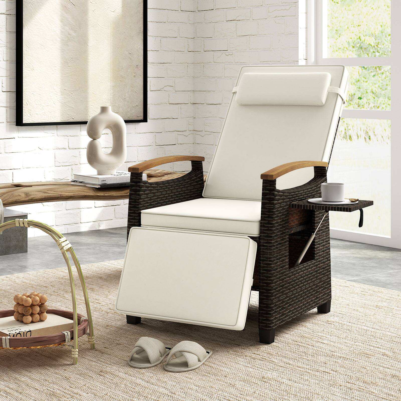 Alt View 3. Gymax - Gymax 2PCS Patio Rattan Lounge Chair PE Wicker Recliner Chair w/ Adjustable Backrest & Footrest White - Mix Brown, Off White.