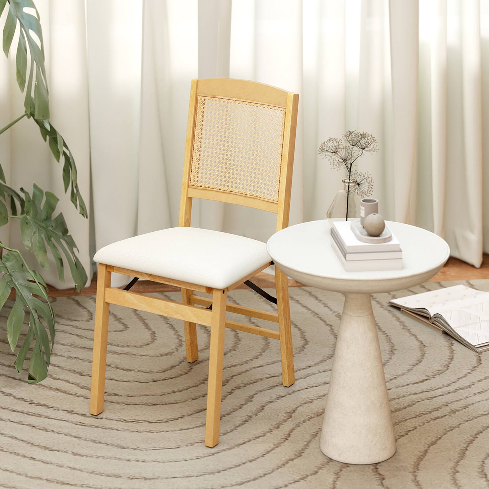 Alt View 3. Costway - Costway Folding Dining Chairs Set of 2 with Linen Padded Seat & Rattan Backrest for Kitchen - Natural + Beige.