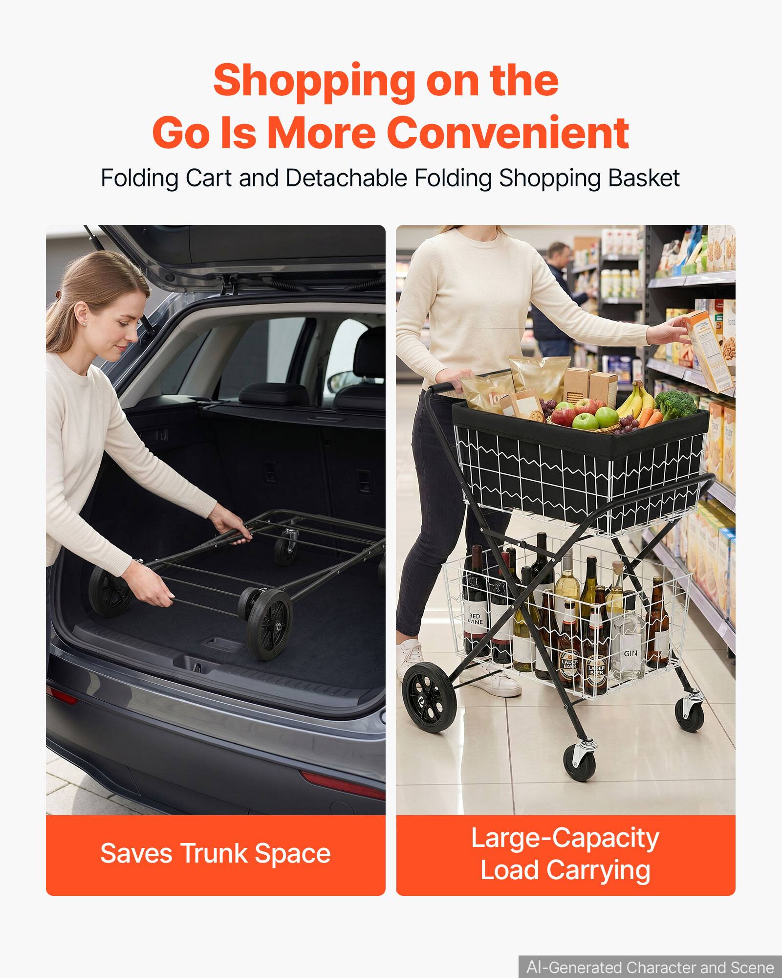 Shopping on the Go Is More Convenient  
Folding Cart and Detachable Folding Shopping Basket  

Saves Trunk Space  
Large-Capacity Load Carrying  

AI-Generated Character and Scene
