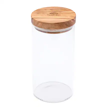 Front. Berard - Glass Storage Jar With Olive Wood Lid, 30-ounce - Brown.