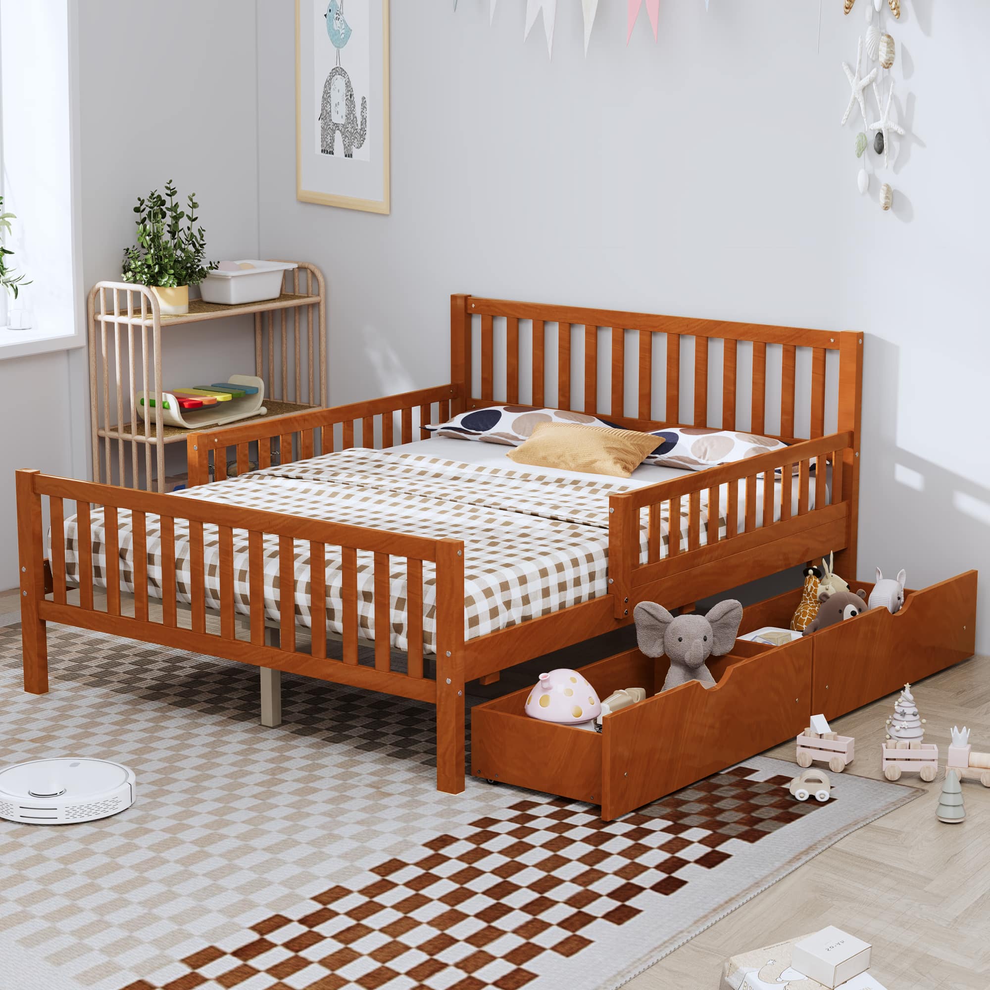 GOODSILO - Full Size Wood Platform Bed with Guardrails, Storage Drawers, and Minimalist Headboard for Modern Bedrooms - Walnut