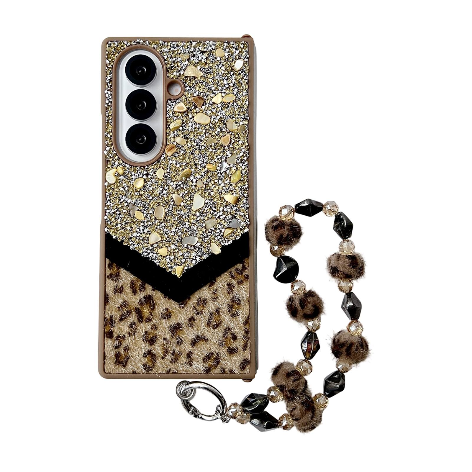 Alt View 1. Dteck - Shockproof Phone Case for Samsung Galaxy Z Fold7 with Beaded Wrist Strap, Glitter Rhinestone Hard PC Protective Cover - Gold.