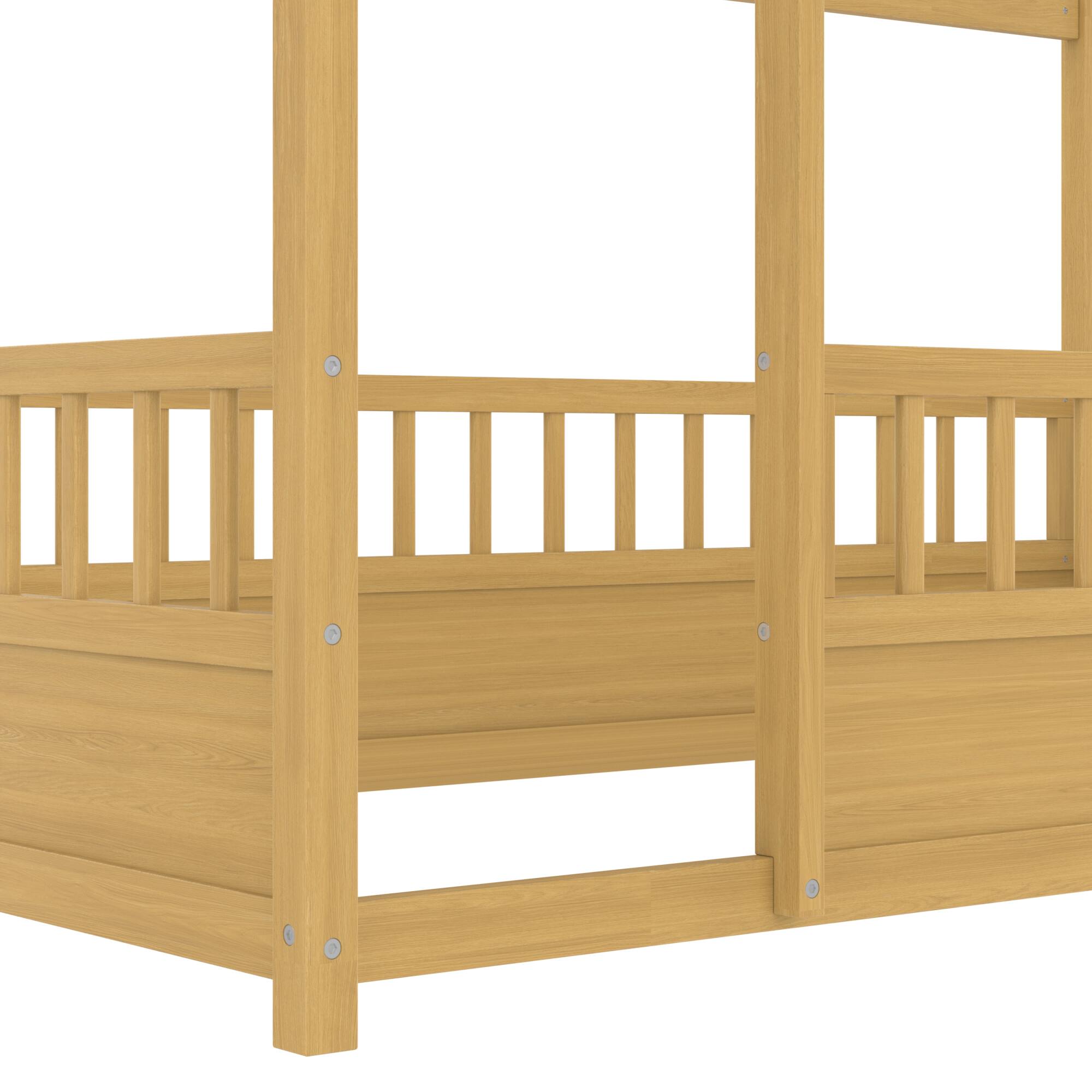 Alt View 2. GOODSILO - Twin Size Floor Bed with Playhouse Roof Design and Safety Guardrails for Children's Bedroom - Natural.