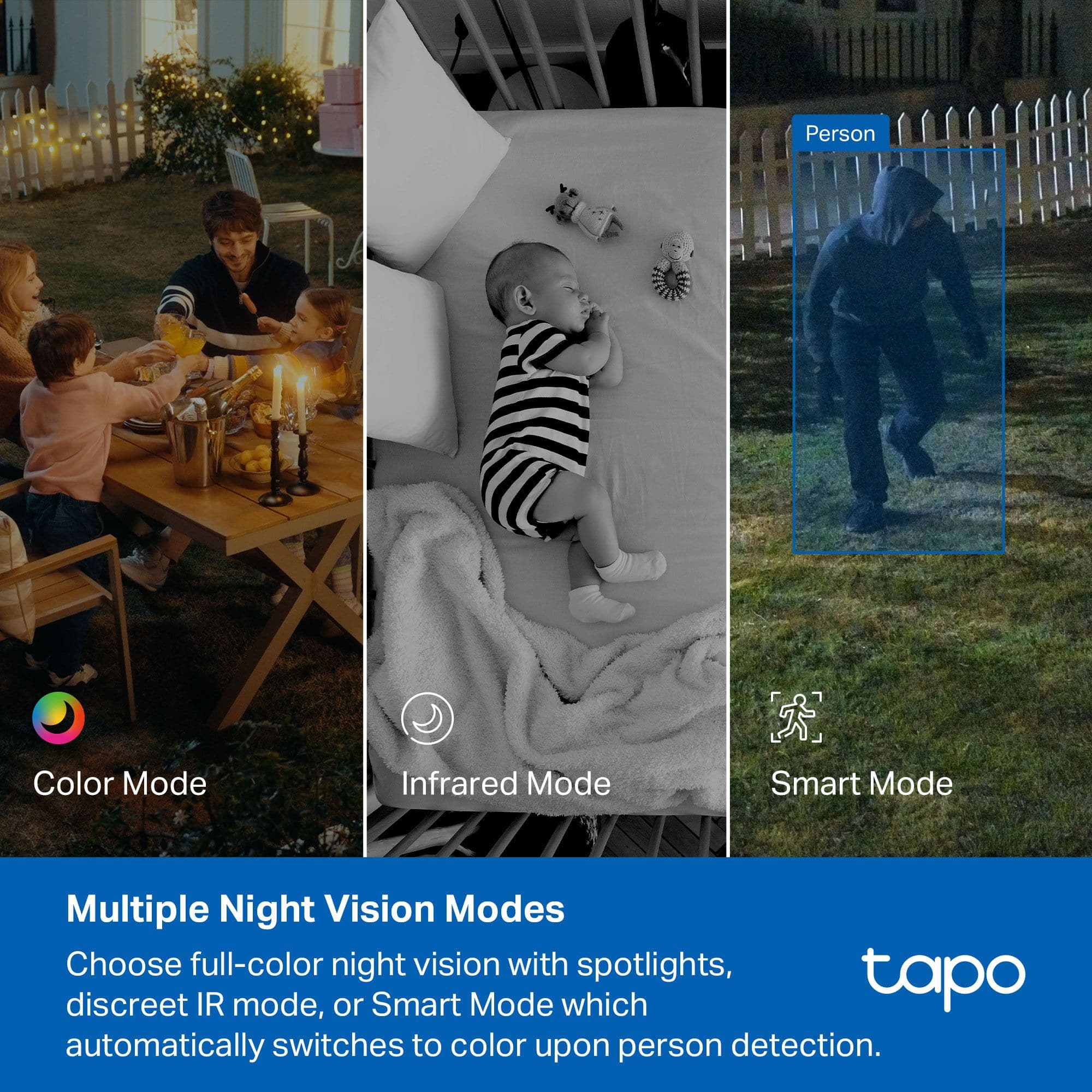 Multiple Night Vision Modes
Choose full-color night vision with spotlights, discreet IR mode, or Smart Mode which automatically switches to color upon person detection.