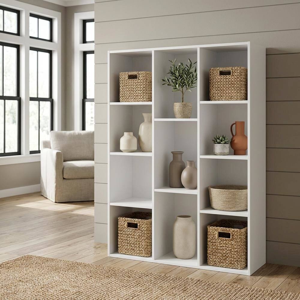 Angle. FurniFact - White 11-Cube Reversible Open Shelf Bookcase, Wooden Finish for Flexible Storage - White.
