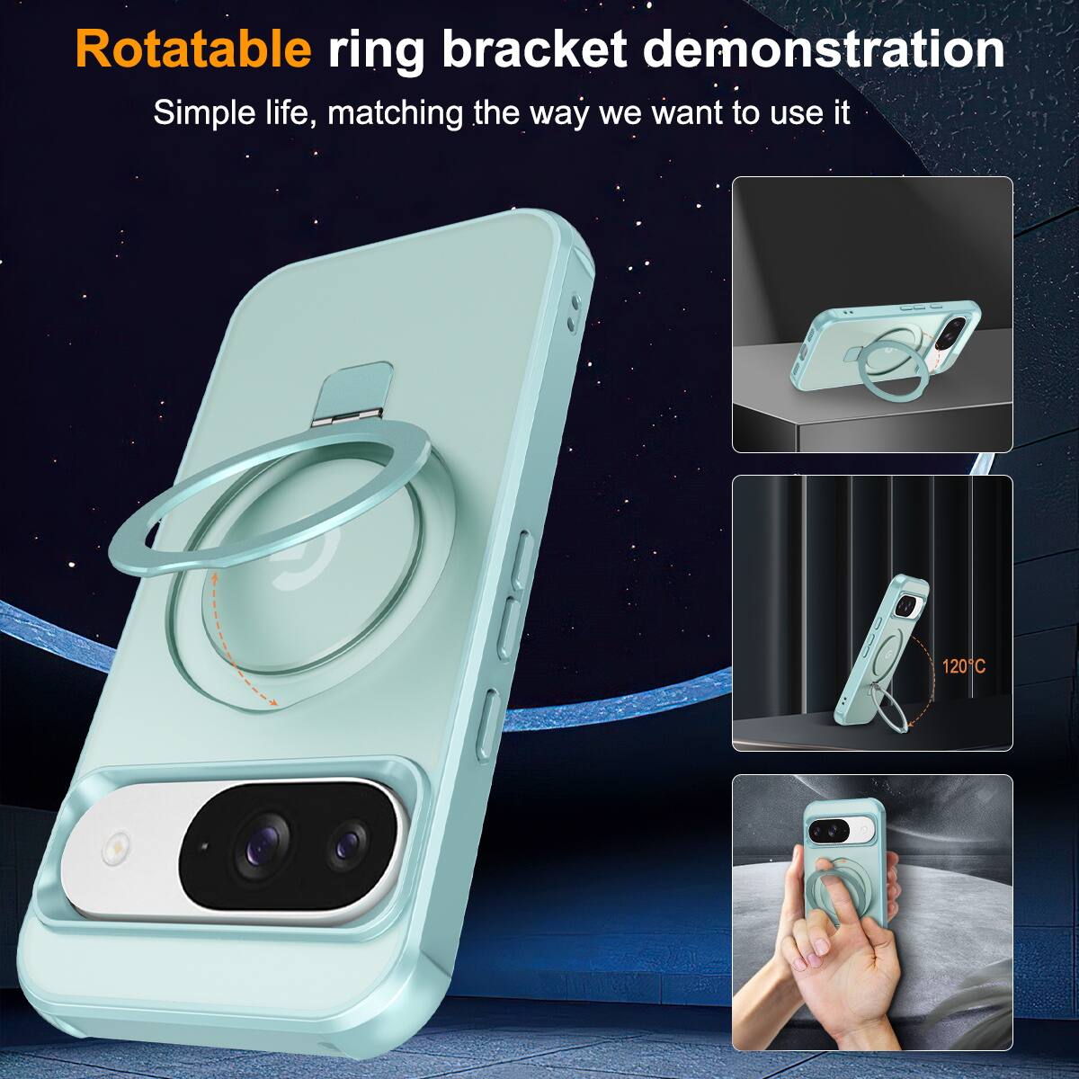 Rotatable ring bracket demonstration  
Simple life, matching the way we want to use it  

120°