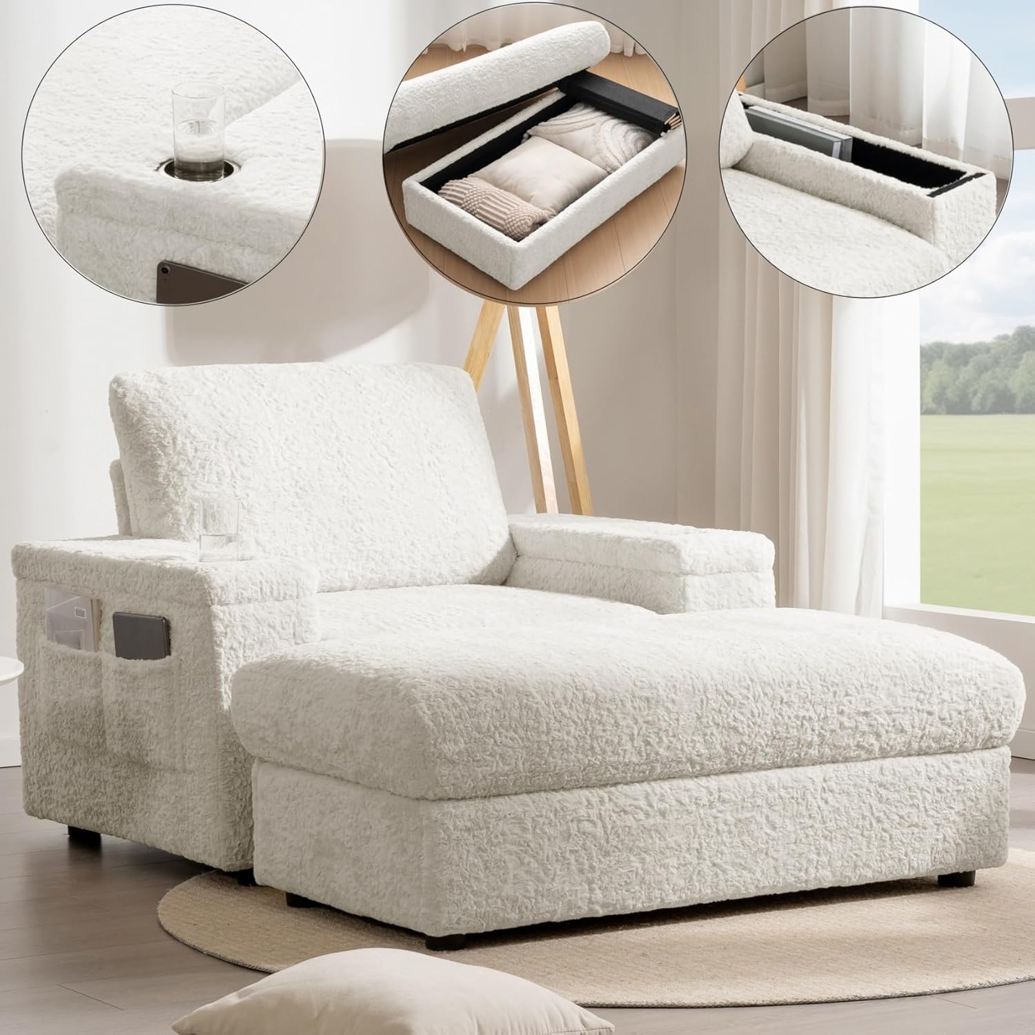 Alt View 2. Trinkets Crazed - Oversized Chaise Lounge Indoor,Faux Rabbit Fur Sofa Bed with Storage Ottoman and Armrests,Cup Holder - beige.