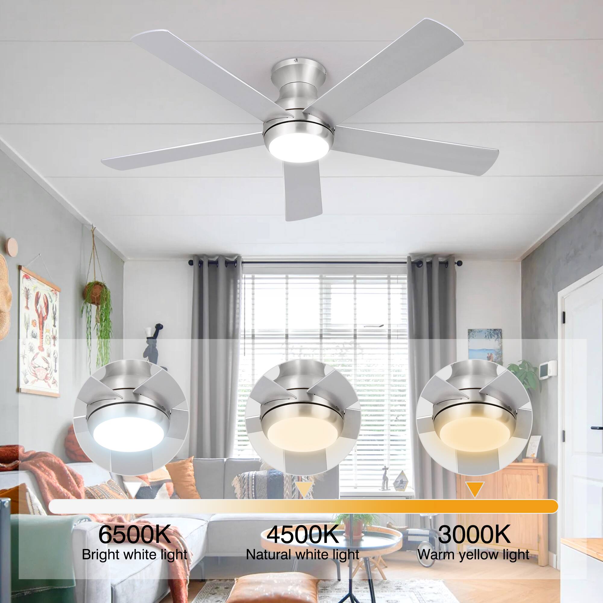 6500K Bright white light  
4500K Natural white light  
3000K Warm yellow light