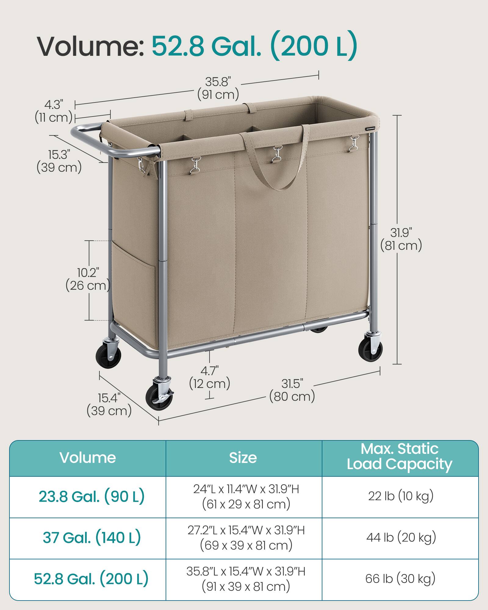 Volume: 52.8 Gal. (200L)  
35.8" (91cm)  
4.3" (11 cm)  
15.3" (39 cm)  
31.9" (81 cm)  
10.2" (26 cm)  
15.4" (39 cm)  
4.7" (12 cm)  
31.5" (80 cm)  

Volume 23.8 Gal. (90L)  
Size 24"L X 11.4"W X 31.9"H (61 X 29 X 81 cm)  
Max. Static Load Capacity 22 lb (10 kg)  

37 Gal. (140L)  
27.2"L X 15.4"W X 31.9"H (69 X 39 X 81 cm)  
44 lb (20 kg)  

52.8 Gal. (200L)  
35.8"L X 15.4"W X 31.9"H (91 X 39