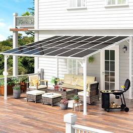 Yardgrace - 12'x 14' Outdoor Wall Mounted Lean-to Gazebo, Heavy Duty Sloped Roof Metal Awning for Patio, Decks & Backyard - White