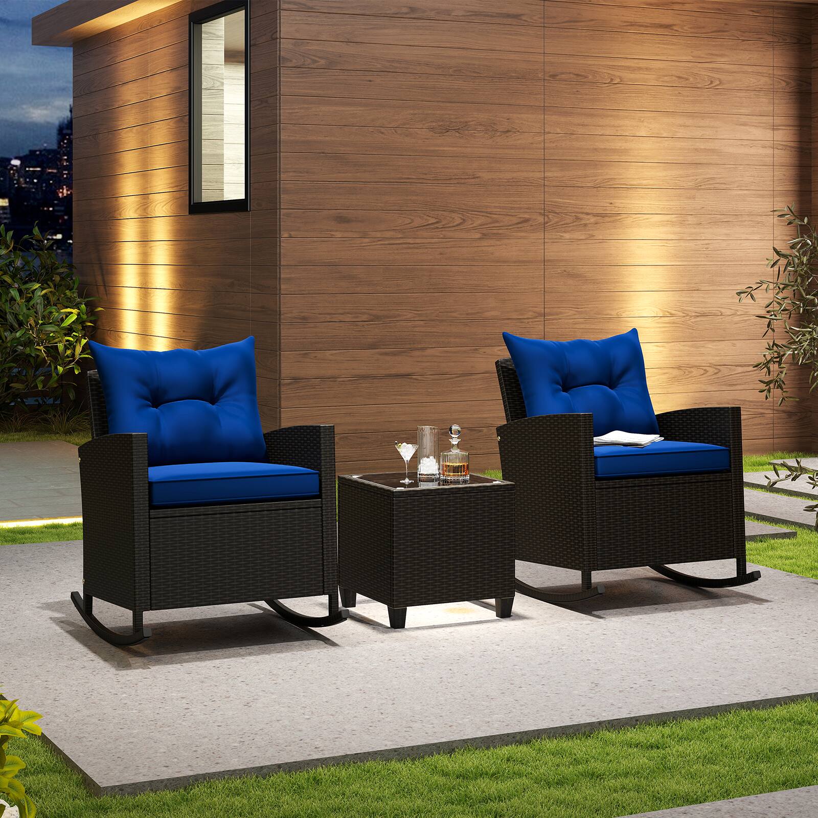 Alt View 3. Gymax - Gymax Set of 3 Wicker Rocking Set Patio w/ Tempered Glass Table & Soft Cushions Navy - Navy.