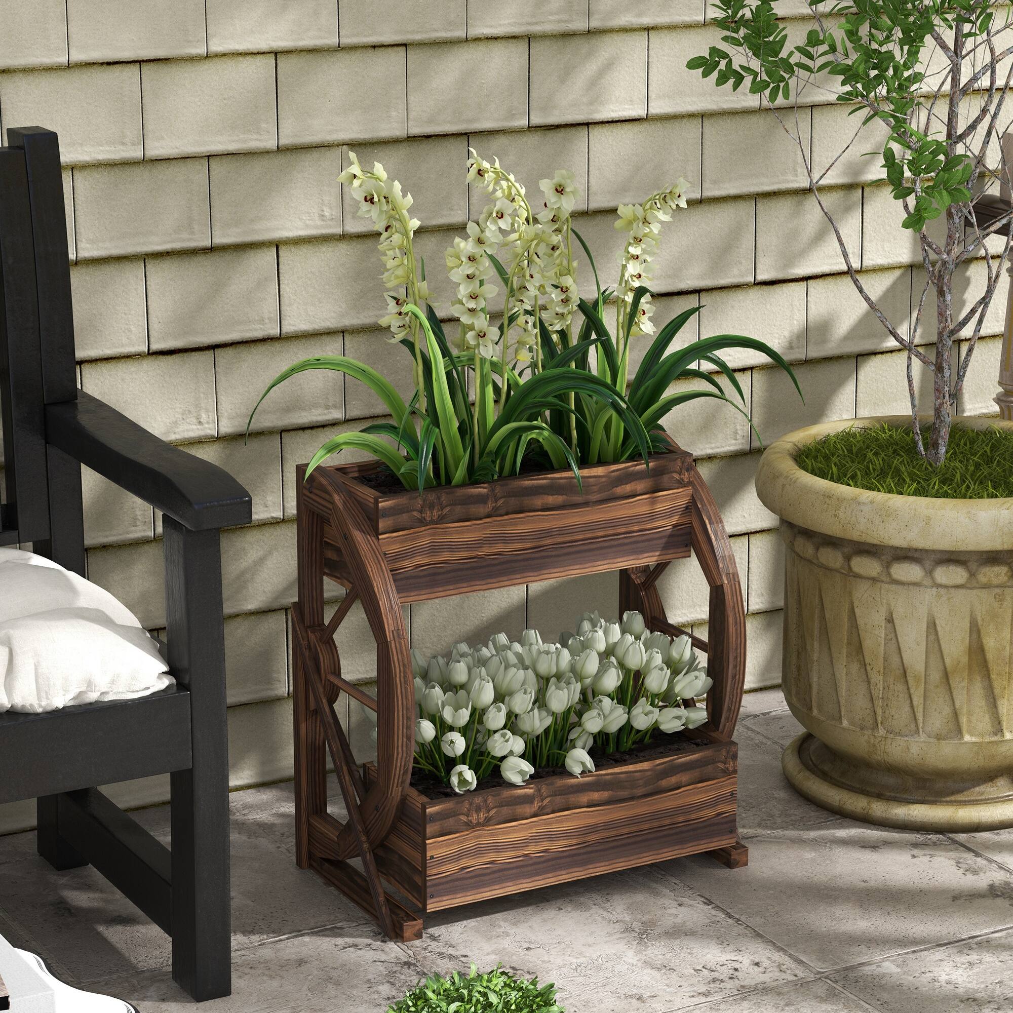 Alt View 1. Outsunny - Wagon Planter Box, 2-Tier Raised Garden Bed, for Vegetables Flowers Herbs - Carbonized.