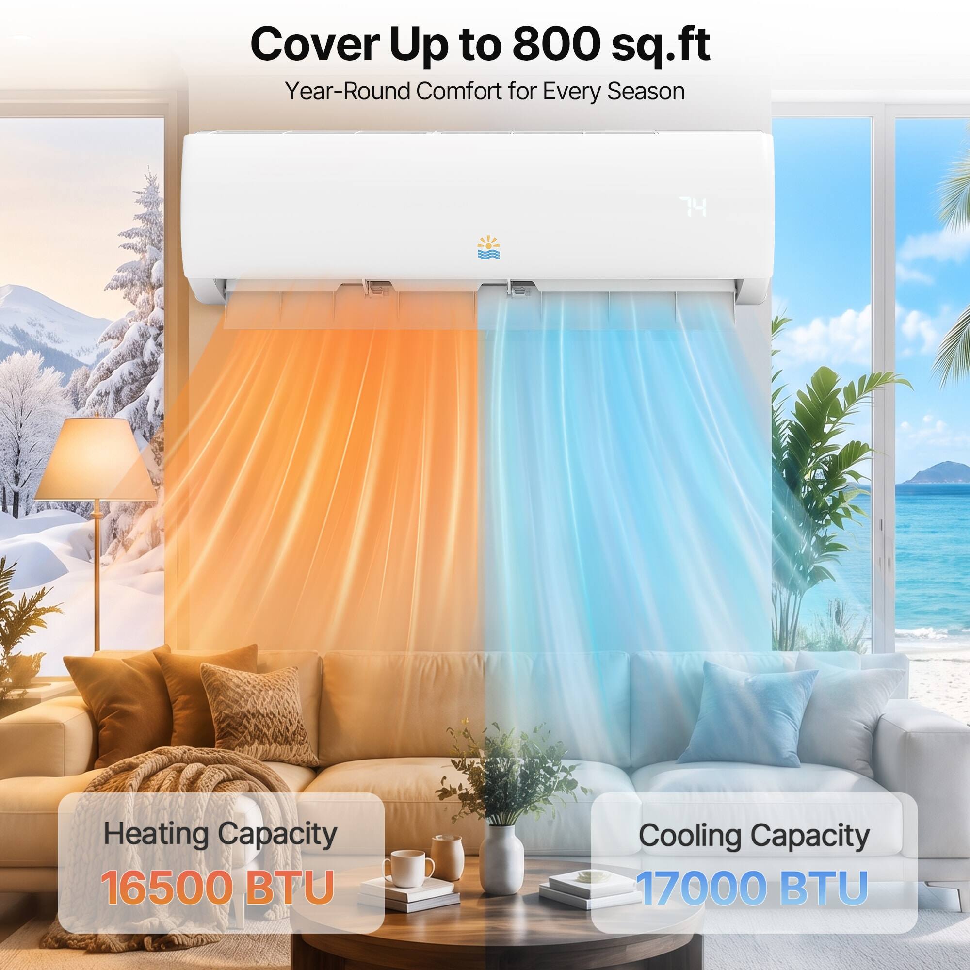 Cover Up to 800 sq.ft  
Year-Round Comfort for Every Season  
74 Heating Capacity  
16500 BTU  
Cooling Capacity  
17000 BTU
