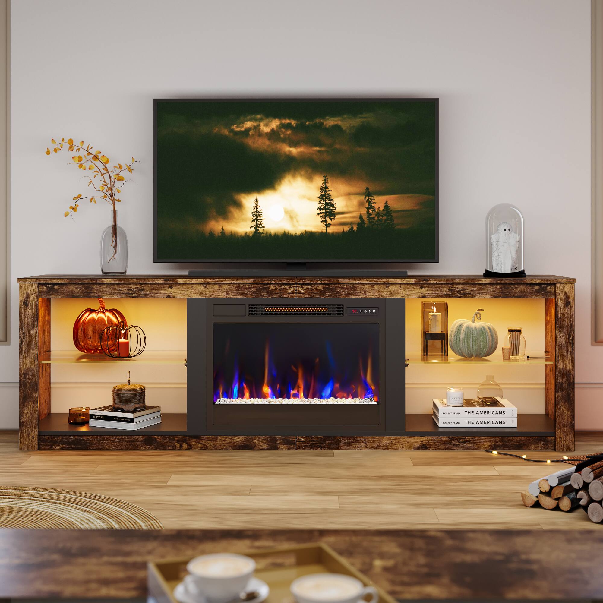 The Americans is a television show that aired on FX from 2013 to 2018. The show follows the lives of two CIA agents posing as a married couple in the United States. The image features a television set with the show playing, and there is a fireplace in the room. The room also has a coffee table and a vase with flowers, creating a cozy and comfortable atmosphere.