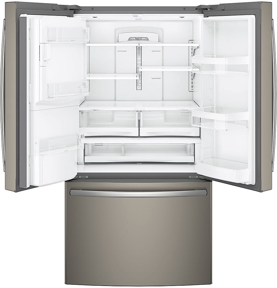 Left. GE - 27.7 Cu. Ft. French Door Refrigerator - Fingerprint resistant slate.