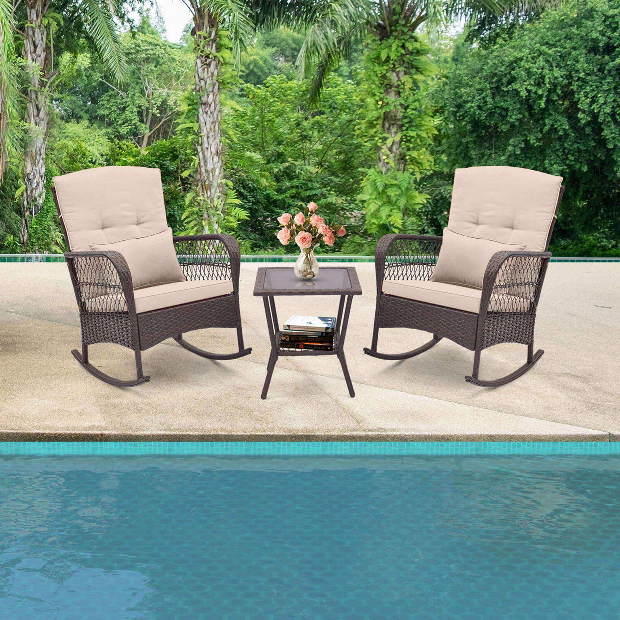 Alt View 2. Costway - 3 PCS Patio Rocker Set Outdoor Wicker Rocking Chairs with Double-Layer Coffee Table - Mix Brown + Beige.