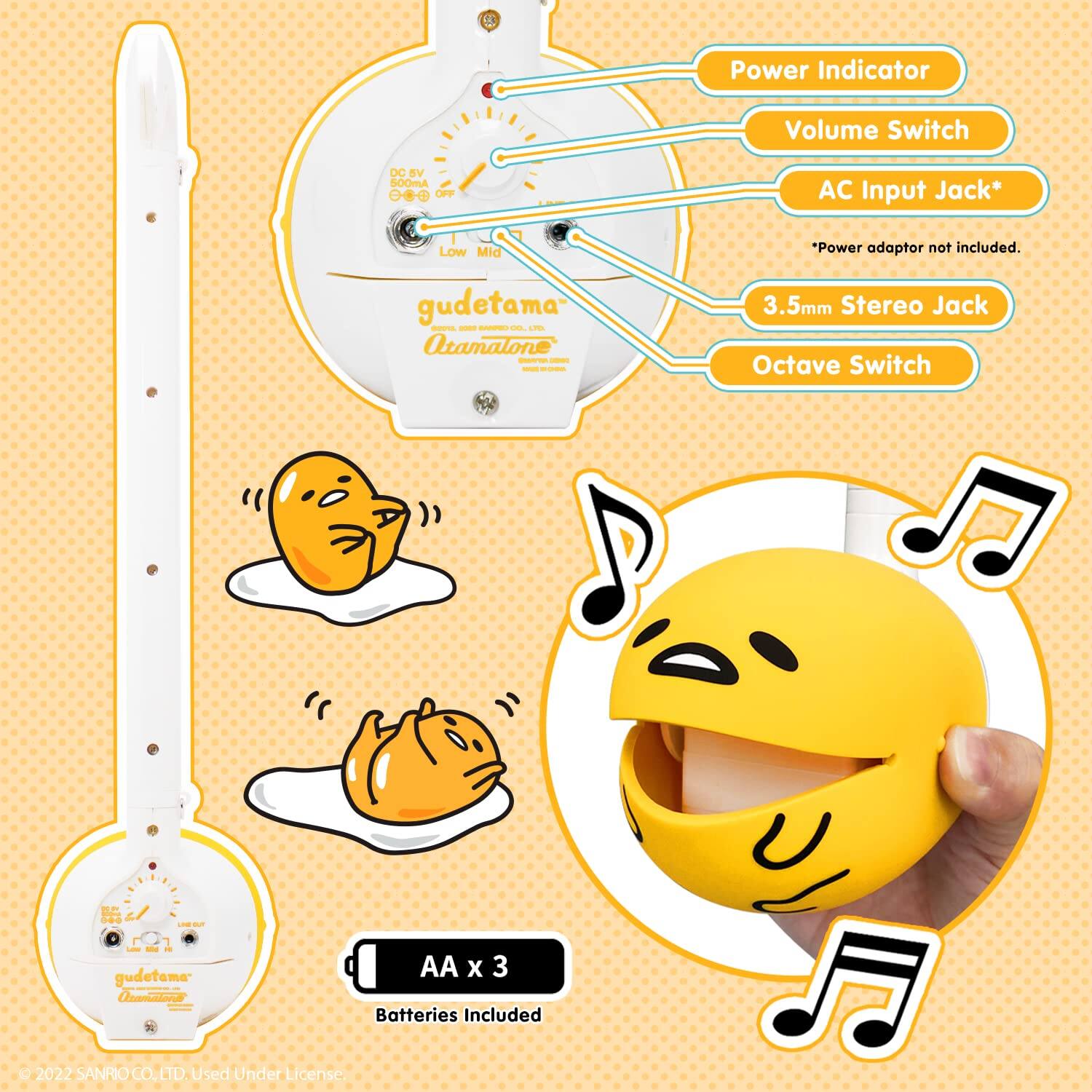 - Power Indicator
- Volume Switch
- AC Input Jack* (Power adaptor not included)
- 3.5mm Stereo Jack
- Octave Switch
- AA x 3 Batteries Included
- © 2022 SANRIO CO., LTD. Used Under License