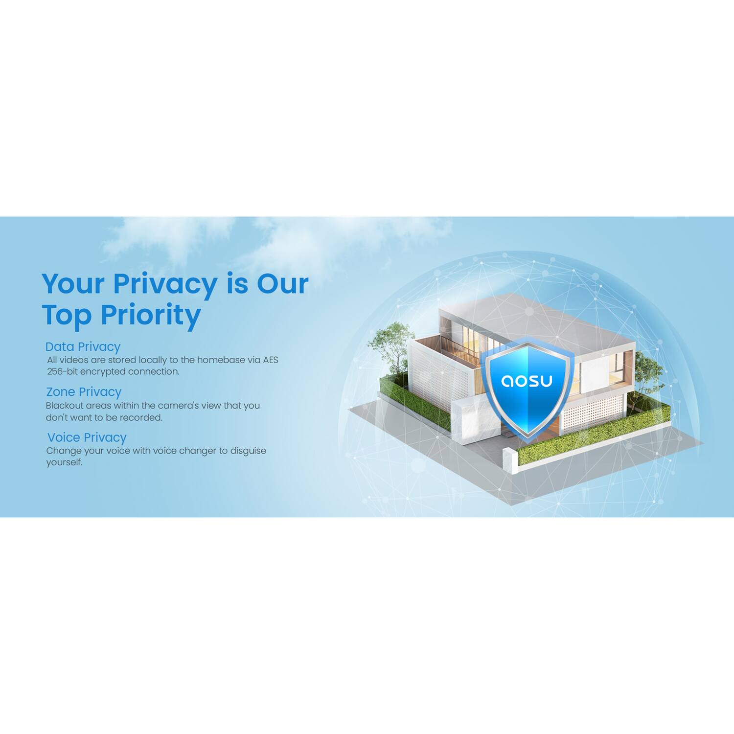 Your Privacy is Our Top Priority

Data Privacy
All videos are stored locally to the homebase via AES 256-bit encrypted connection.

Zone Privacy
Blackout areas within the camera's view that you don't want to be recorded.

Voice Privacy
Change your voice with voice changer to disguise yourself.