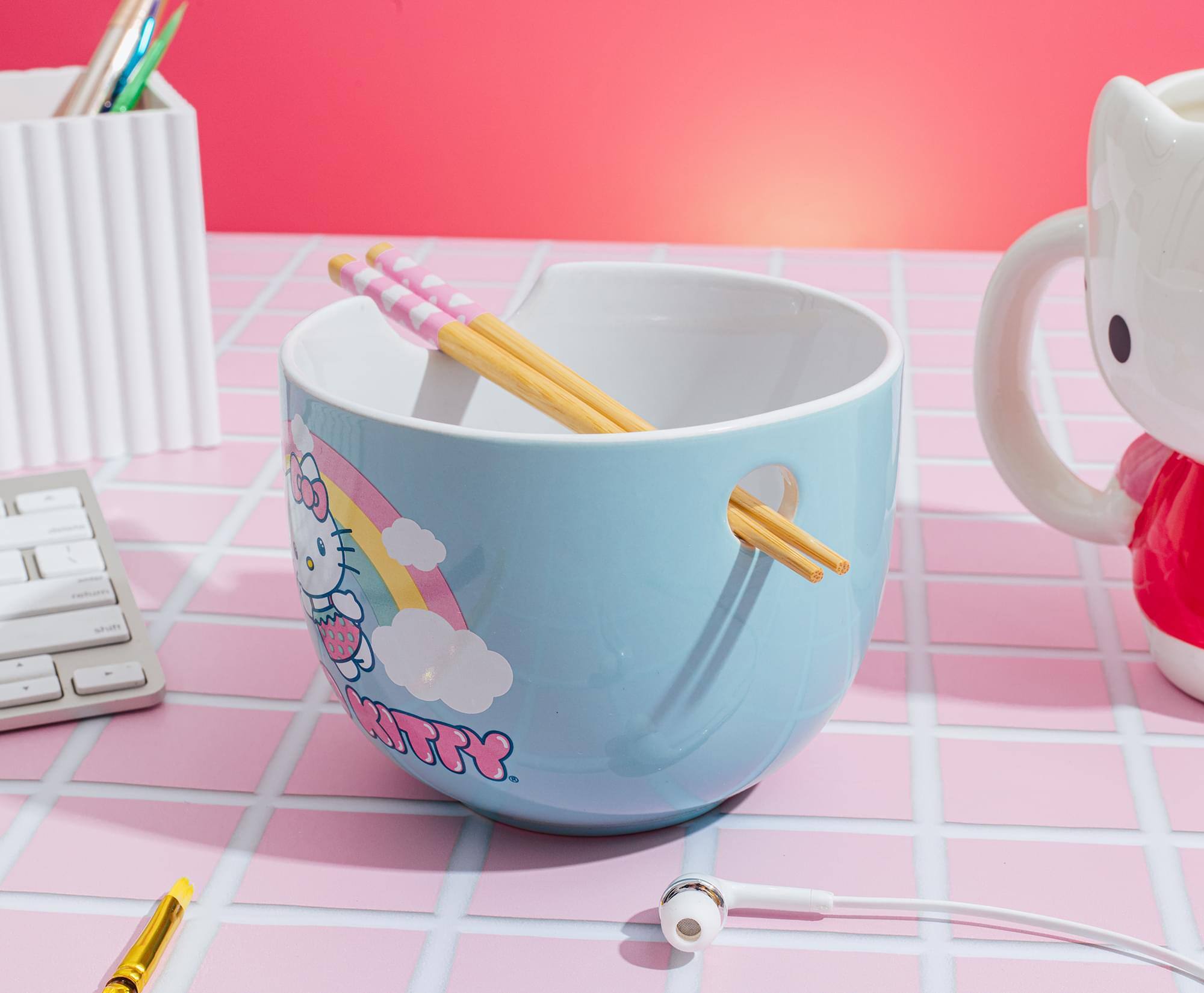 Alt View 2. Silver Buffalo - Sanrio Hello Kitty Rainbow 20-Ounce Ceramic Ramen Bowl With Chopsticks - Blue.