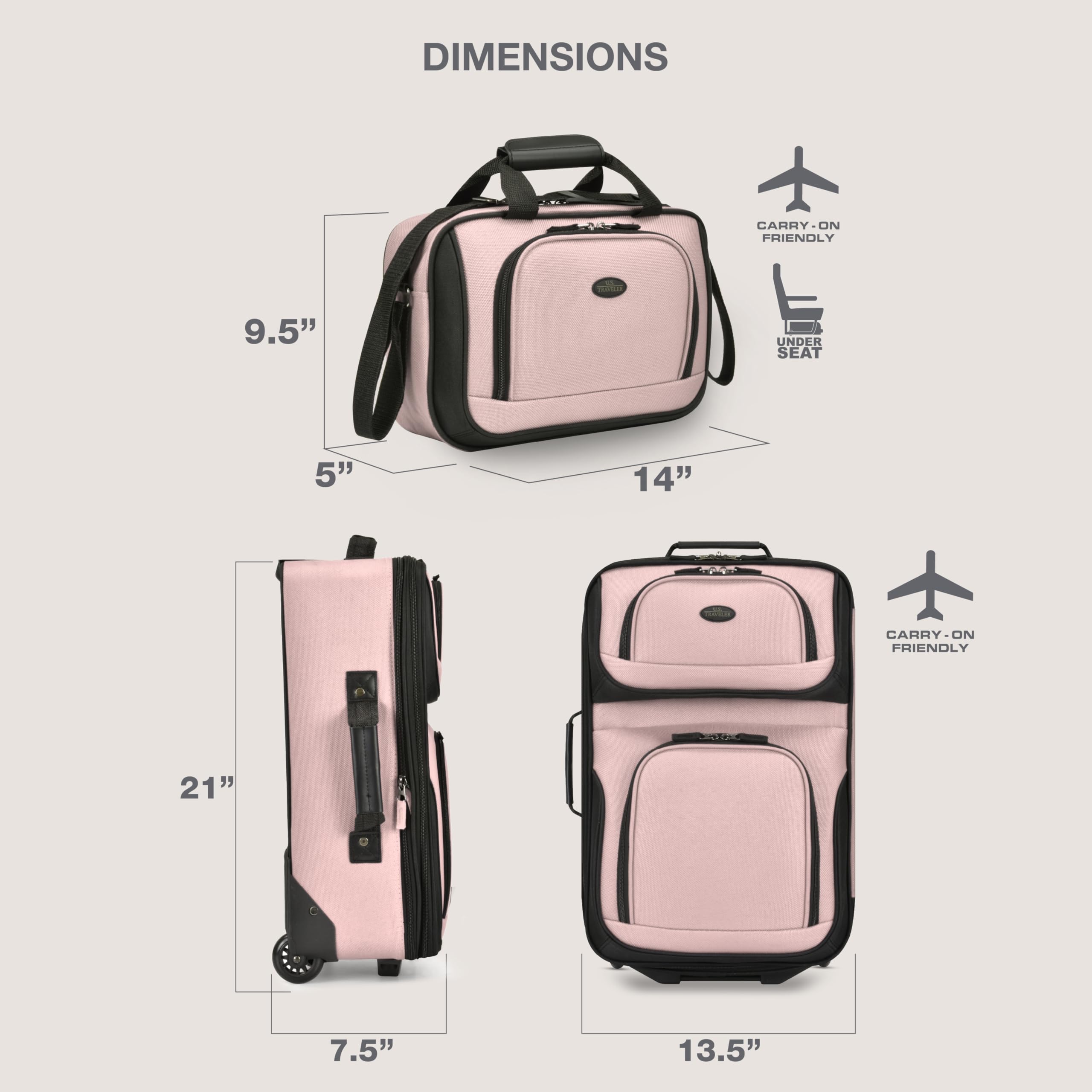 DIMENSIONS

CARRY-ON FRIENDLY  
9.5" x 5" x 14"

UNDER SEAT  
21" x 7.5" x 13.5"