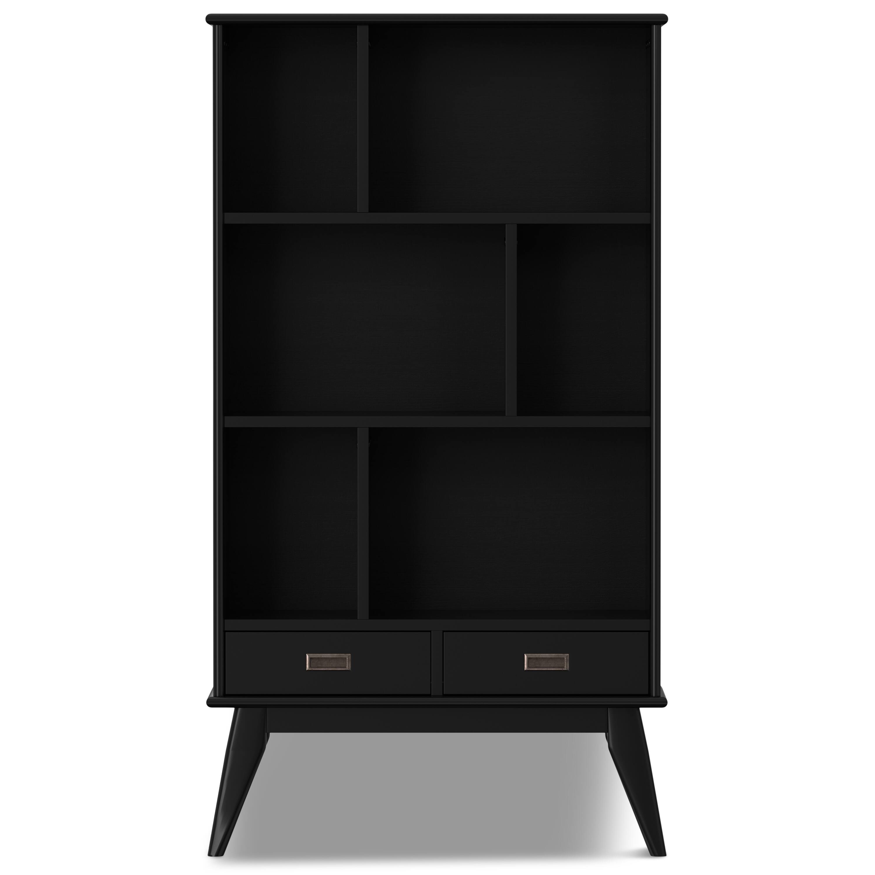 Left. Simpli Home - Draper 64 inch Tall Solid Wood Mid Century Wide Bookcase and Storage Unit in Black - Black.