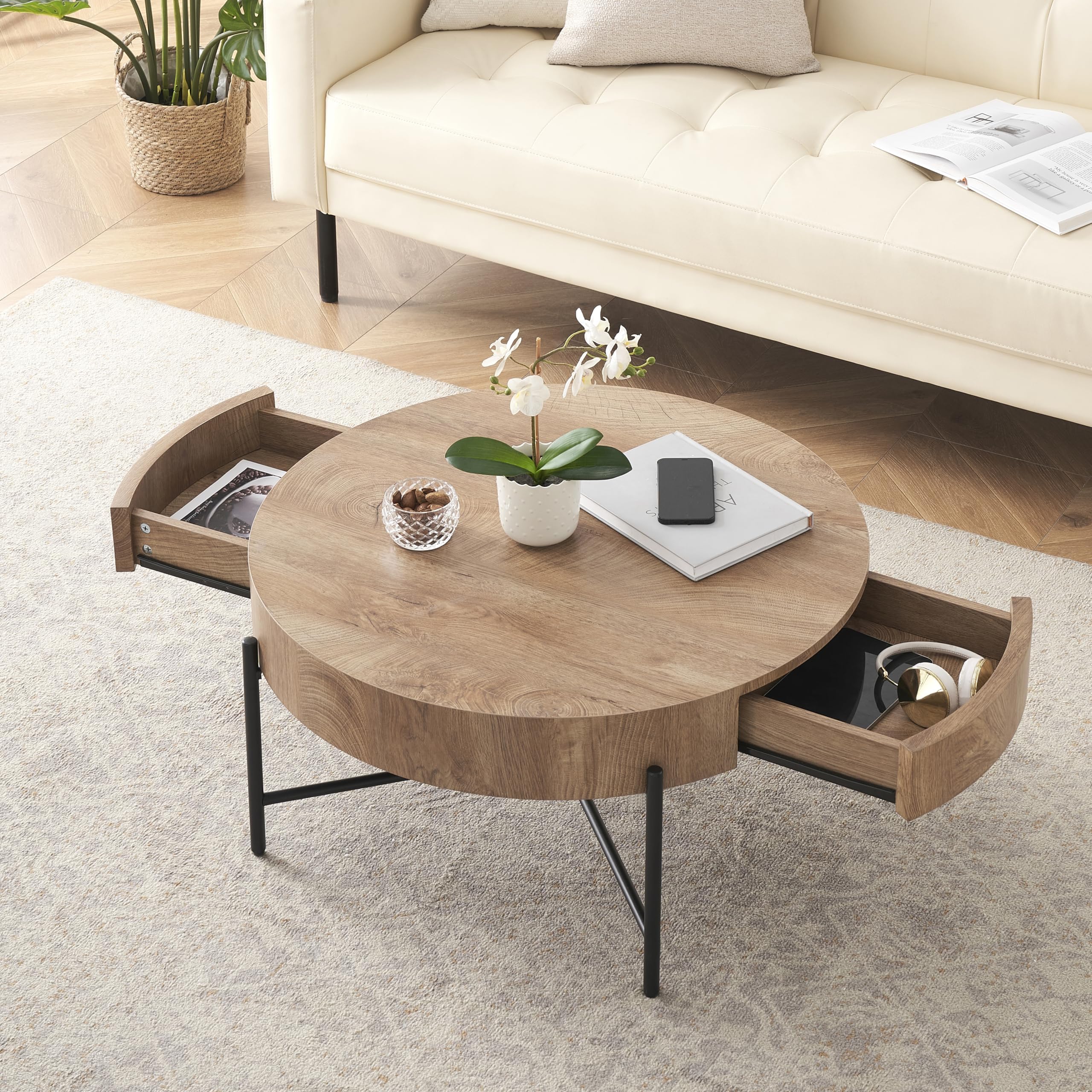 Front. Jojoka - Round Coffee Table with Drawers Farmhouse Circle Table, Wood Accent Center Table for Living Room - Brown.