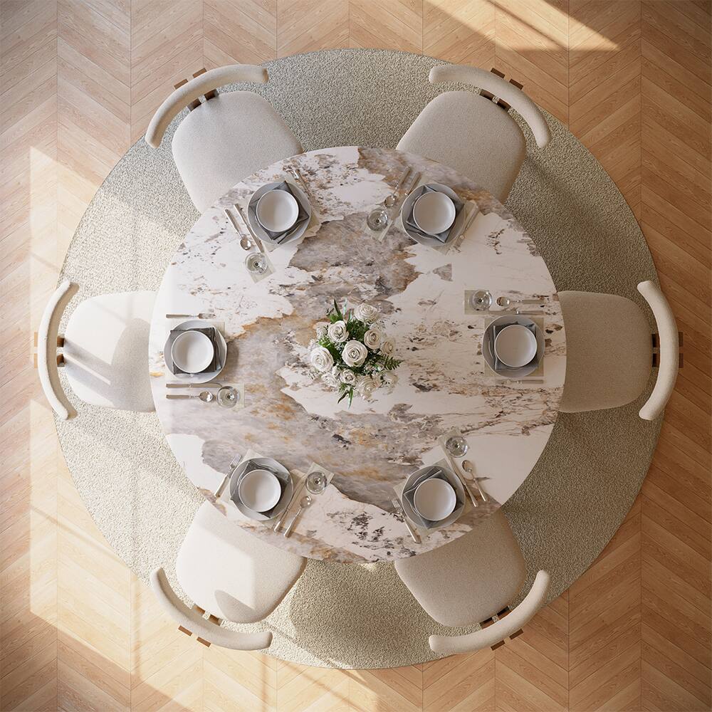 Alt View 2. POVISON - 59" Modern Round Dining Table for 6 Pandora Glossy Sintered Stone Table with Bronze Carbon Steel Pedestal - White with Bronze.