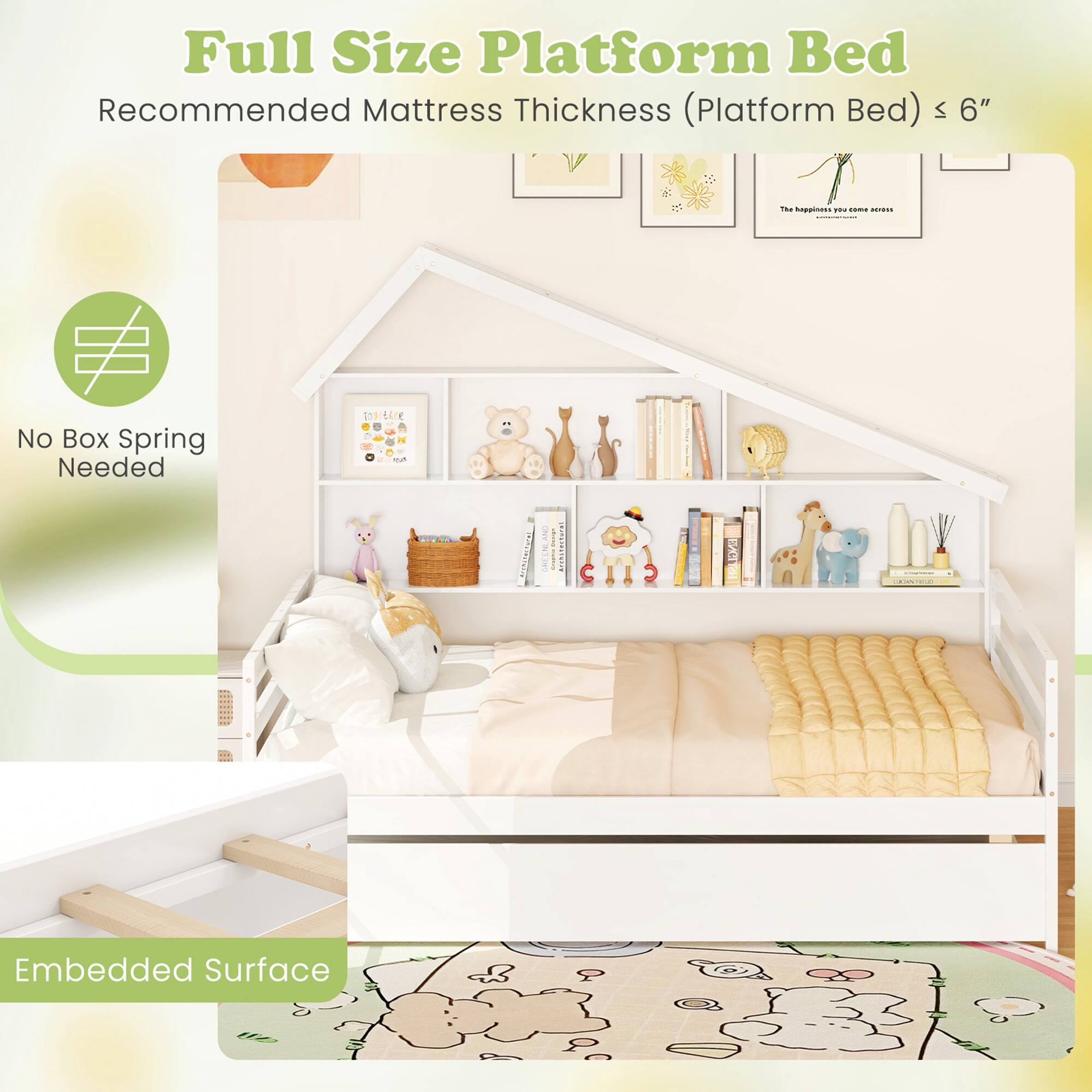 Full Size Platform Bed  
Recommended Mattress Thickness (Platform Bed) ≤ 6"  

No Box Spring Needed  

Embedded Surface