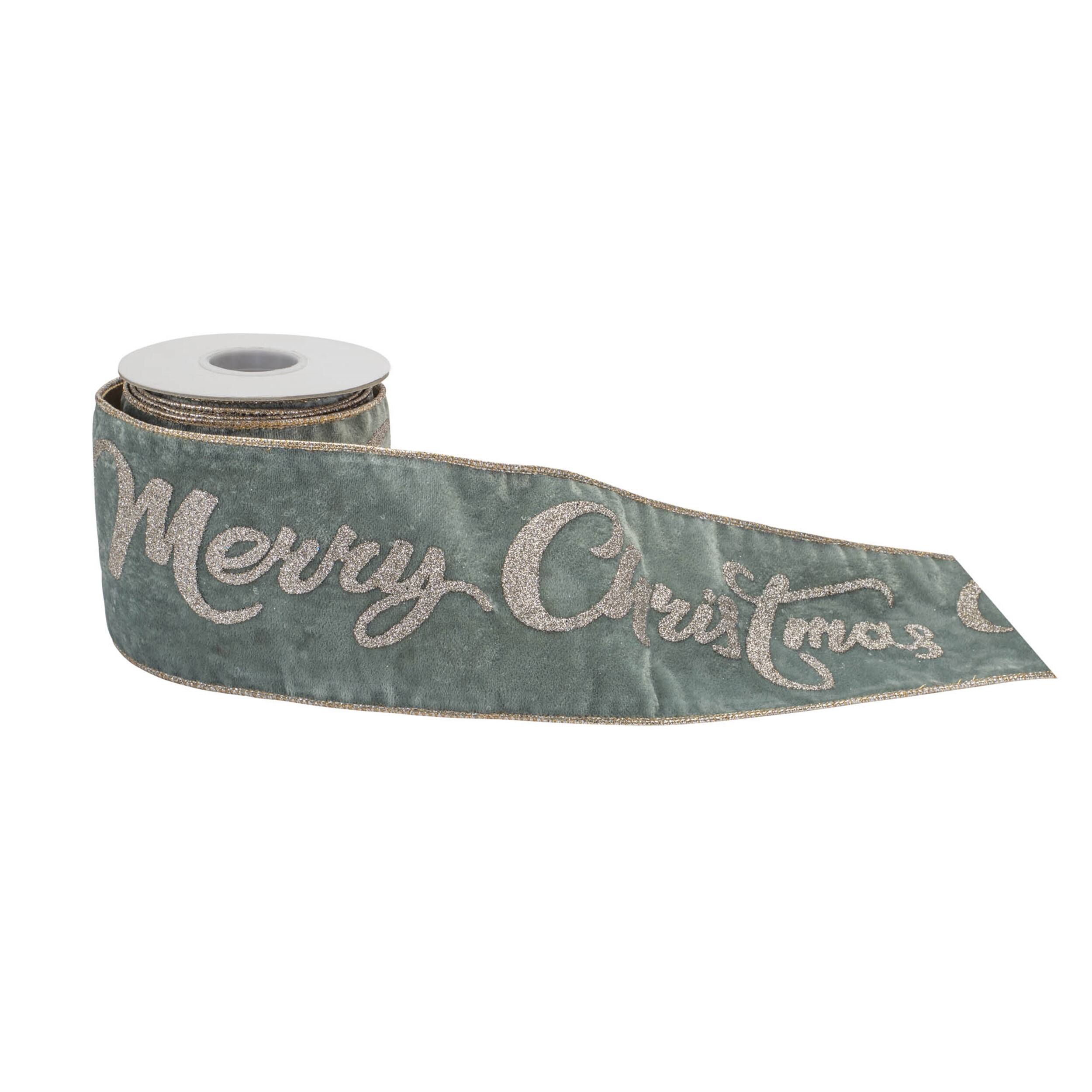 Angle. BreeBe - Glittered Merry Christmas Wired Ribbon 4" x 5 Yds. - Green, Gold.
