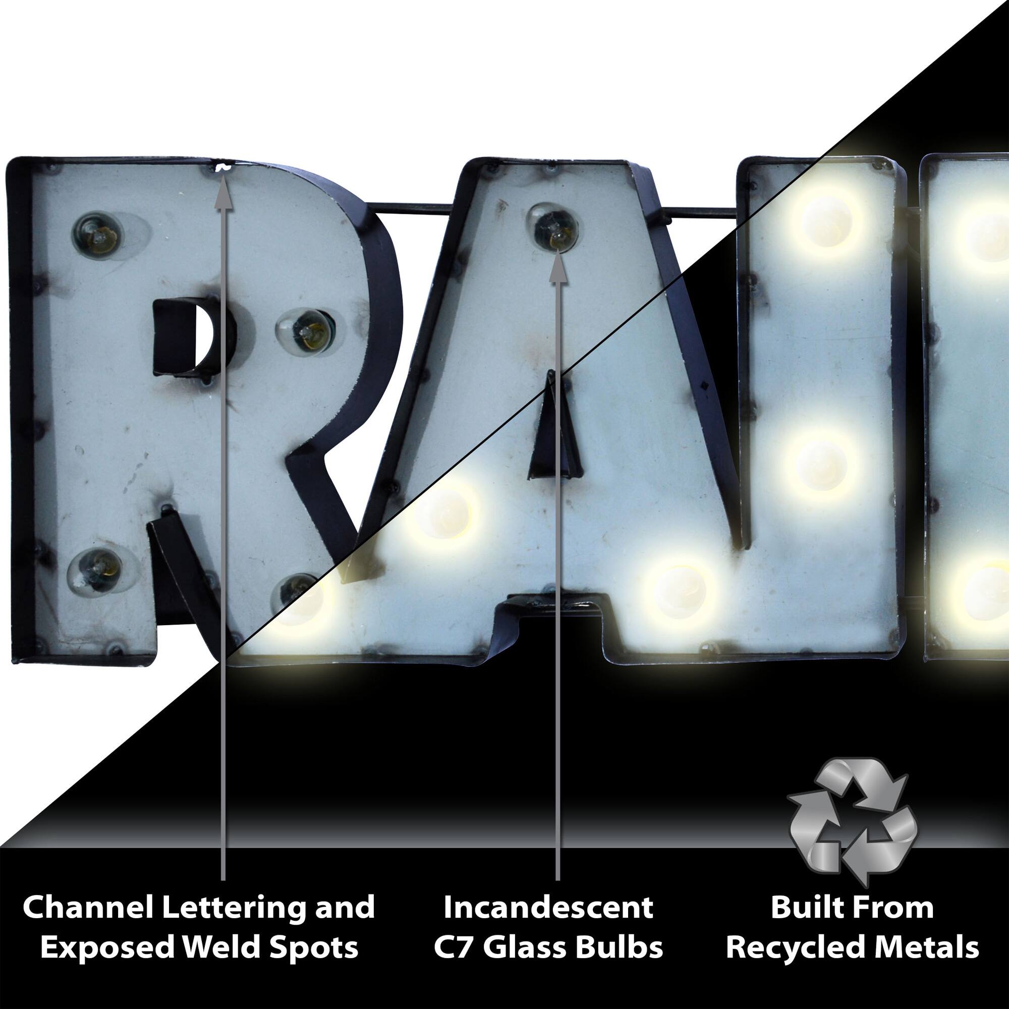 Channel Lettering and Exposed Weld Spots  
Incandescent C7 Glass Bulbs  
Built From Recycled Metals
