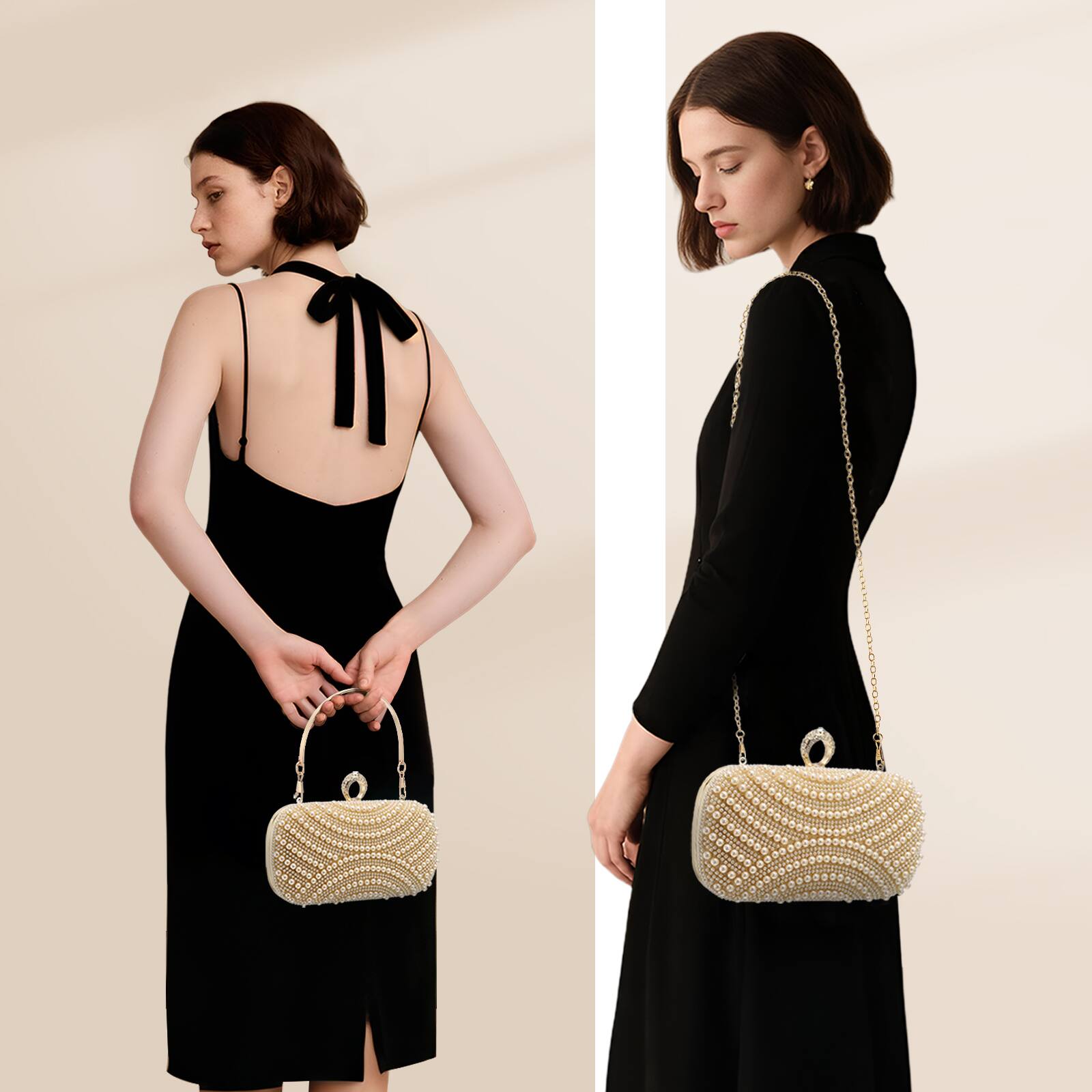 Alt View 1. Unique Bargains - Evening Clutch Purse for Women, Vintage Ring Beads Buckle Clasp Handbag for Bridal Wedding 1920s Party Crossbody - Gold.