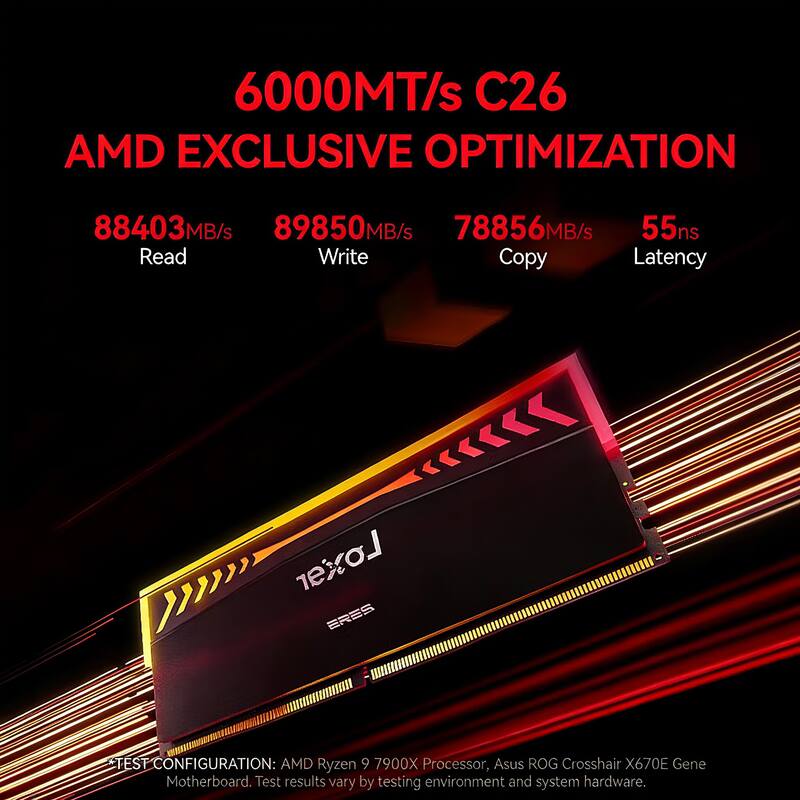 6000MT/s C26  
AMD EXCLUSIVE OPTIMIZATION  

88403MB/s Read  
89850MB/s Write  
78856MB/s Copy  
55ns Latency  

TEST CONFIGURATION: AMD Ryzen 9 7900X Processor, Asus ROG Crosshair X670E Gene Motherboard. Test results vary by testing environment and system hardware.