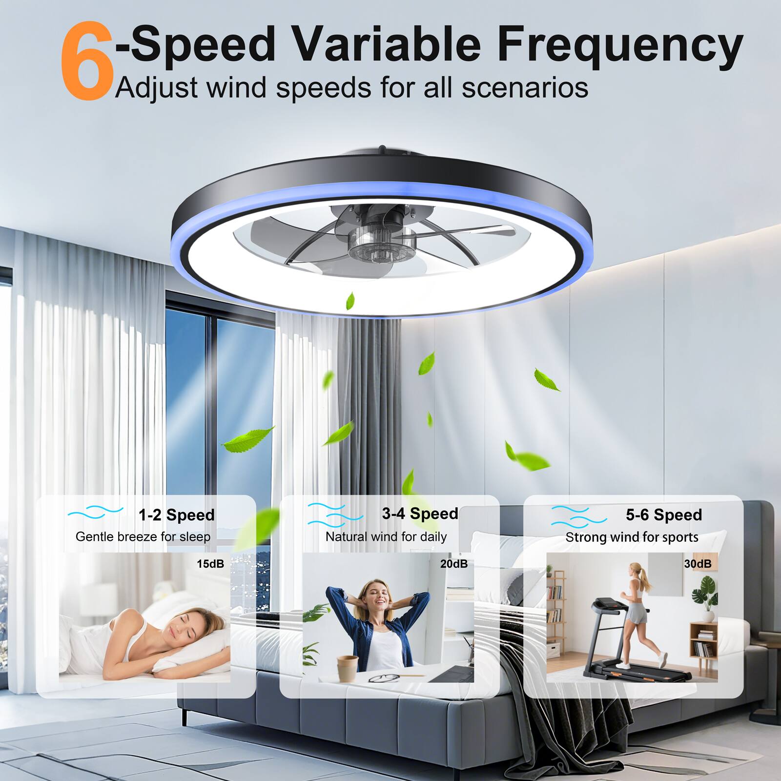 6-Speed Variable Frequency  
Adjust wind speeds for all scenarios  

1-2 Speed  
Gentle breeze for sleep  
15dB  

3-4 Speed  
Natural wind for daily  
20dB  

5-6 Speed  
Strong wind for sports  
30dB