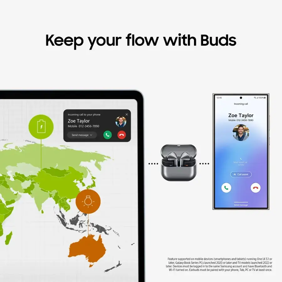 Keep your flow with Buds 4.4 100% Incoming call to your phone Zoe Taylor Mobile 012-3456-7890 x Zoe Taylor Mobile 012-3450-7890 Send message Miry sram a Sunday - Call and send memage Feature supported on mobile devices (smartphones and tablets) running One UI 3.1 or later Galaxy Book Series PCs launched 2020 or later and TV models launched 2022 or later Devices must be logged in to the same Samsung account and have Bluetooth and WI-FI turned on. Largebuds must be paired with your phone, Tab, PC or TV at the same time.