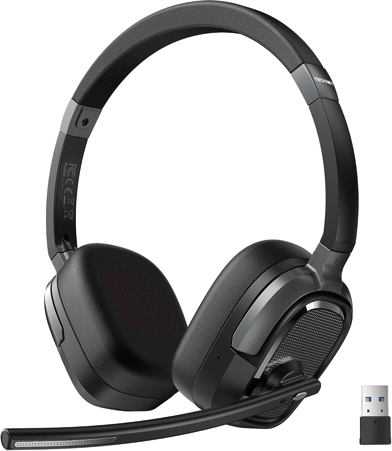 TECKNET - Wireless Headset, V6.0 Bluetooth, AI Noise-Cancelling Mic & USB Dongle, 50H, Mute, On-Ear for PC/Laptop/Office