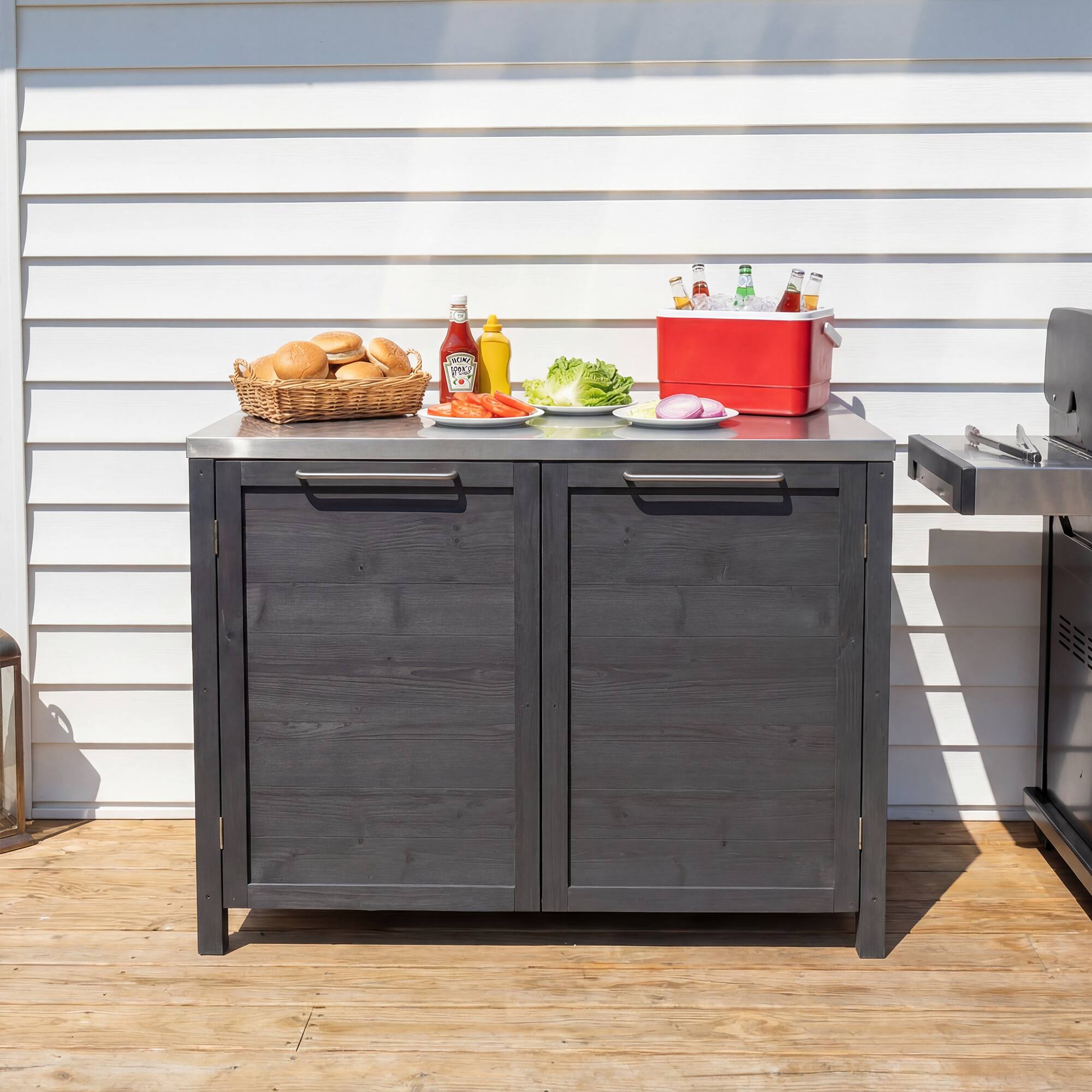 Angle. Famapy - Modular Solid Cedar Outdoor Kitchen Cabinets - All-Weather Storage with Stainless Steel Top for Patio, Grill Station - Carbon Black.