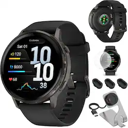 Garmin - Venu 4 45 mm GPS Smartwatch Slate with Black Bundle + Dock Dust Covers Screen Guards - Slate|Black - (2025)